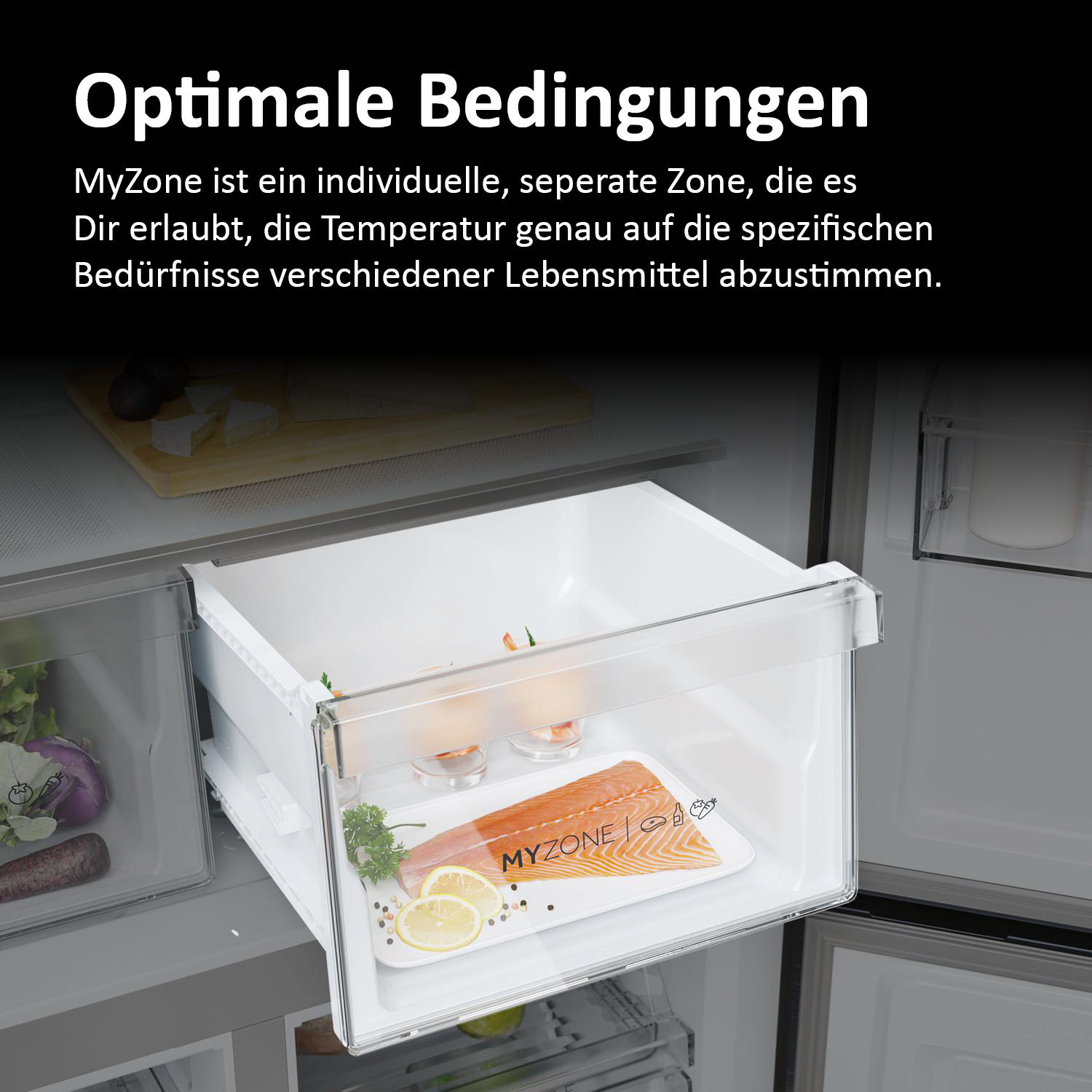 Kühlschrankinnenraum. Die MyZone-Box mit Lebensmitteln, einschließlich eines Lachsstücks.