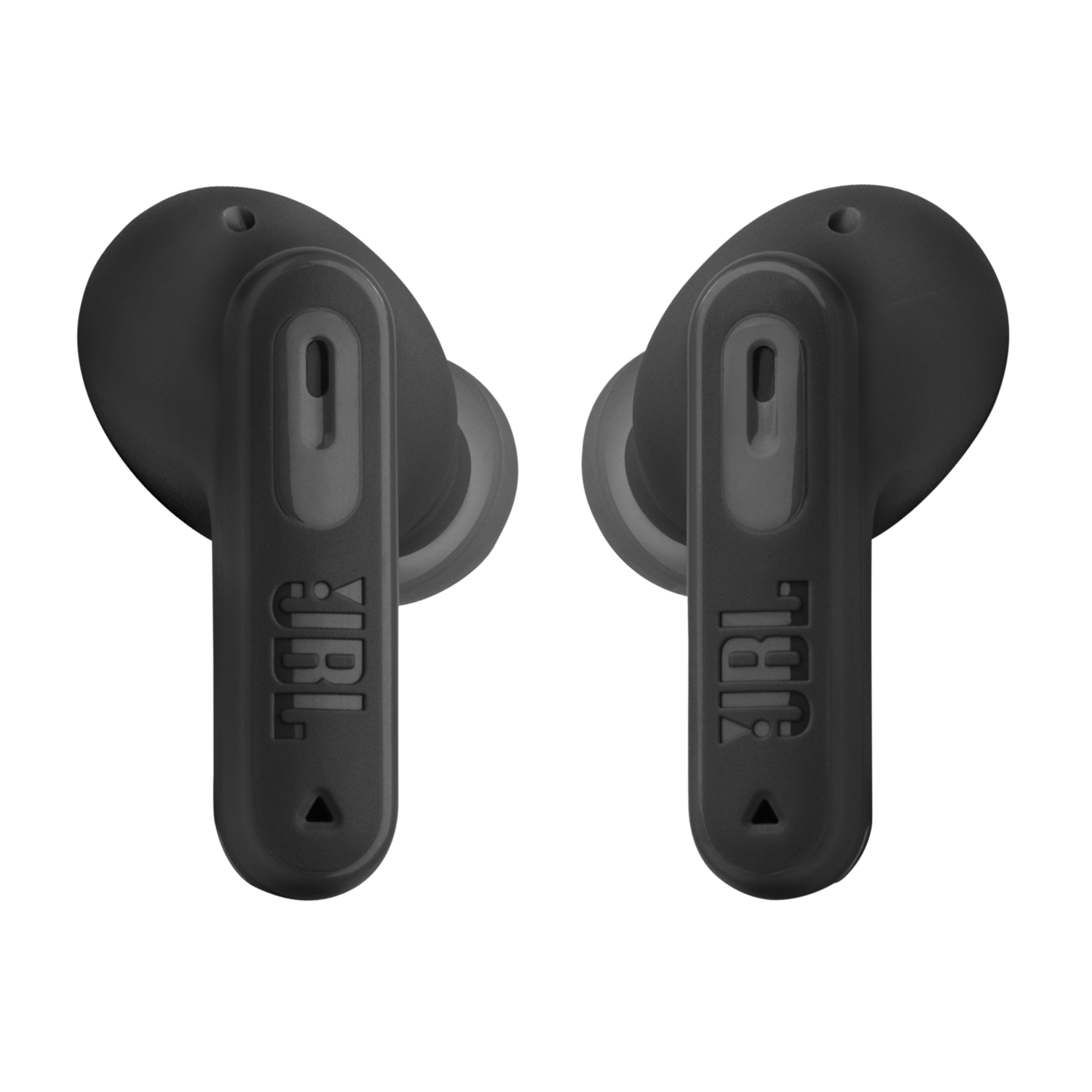 Twee zwarte JBL oordopjes. De oordopjes zijn van dichtbij, met het JBL-logo.