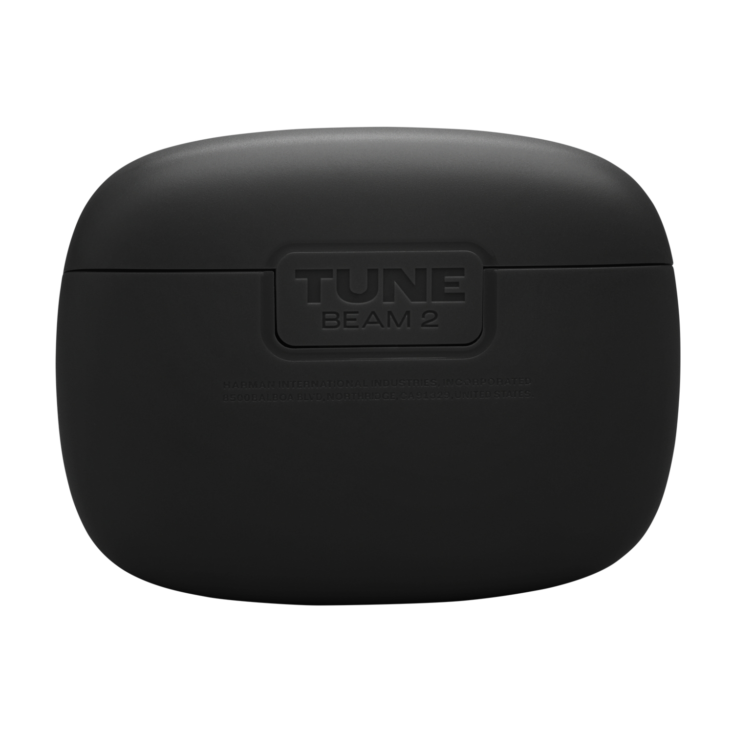 Zwarte oplaadcase met 'TUNE BEAM 2' tekst en Harman International details op de achterkant.