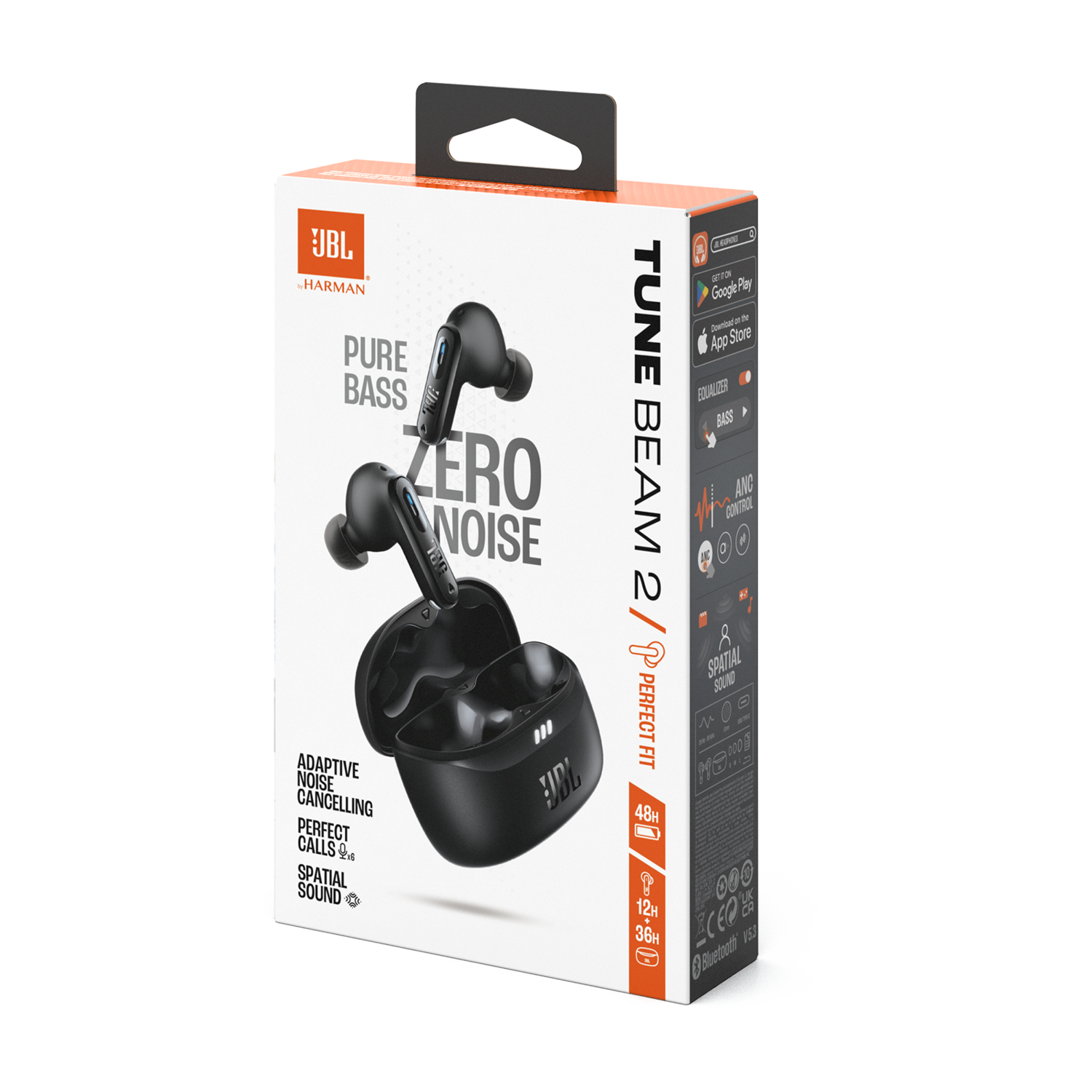 JBL Tune Beam 2 productdoos, met oordopjes, oplaadcase en functies op een witte achtergrond.