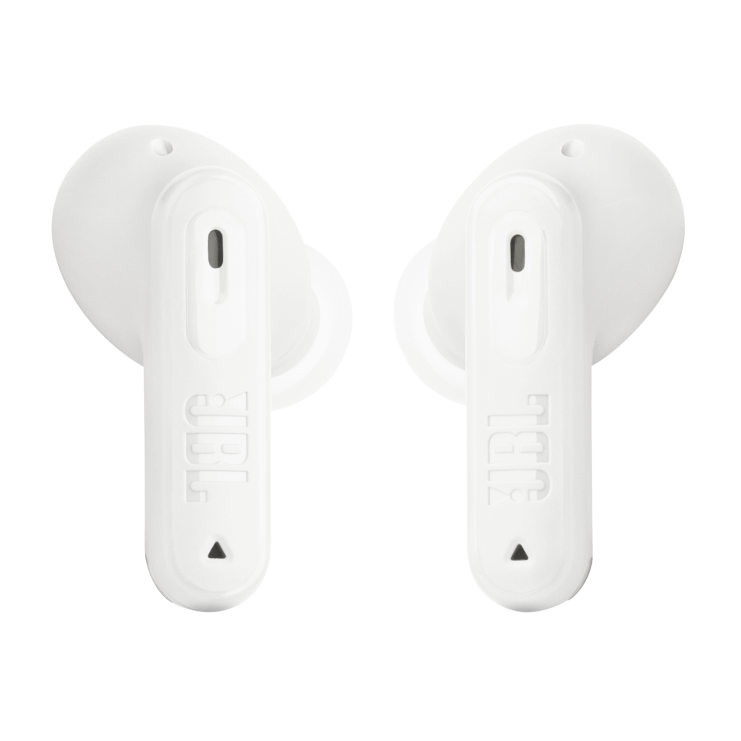 Twee witte oordopjes met JBL-logo, in tegengestelde richtingen, op een witte achtergrond.