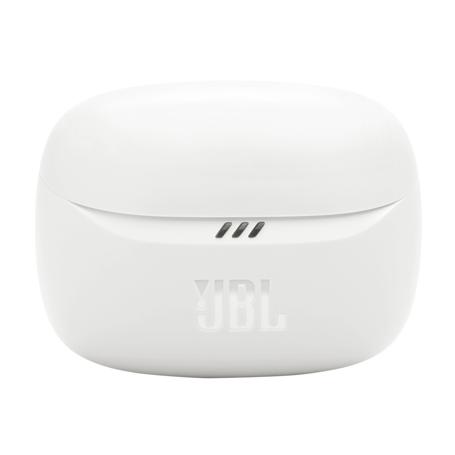 Een witte oplaadcase met het JBL-logo aan de voorkant, op een witte achtergrond.