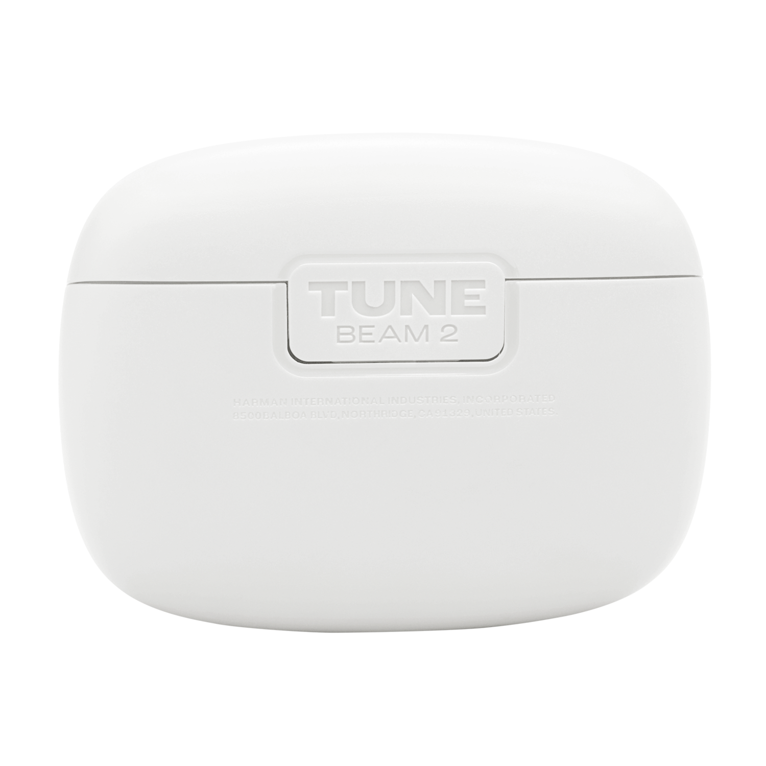 Witte oplaadcase met 'TUNE BEAM 2' tekst en Harman International details op de achterkant.