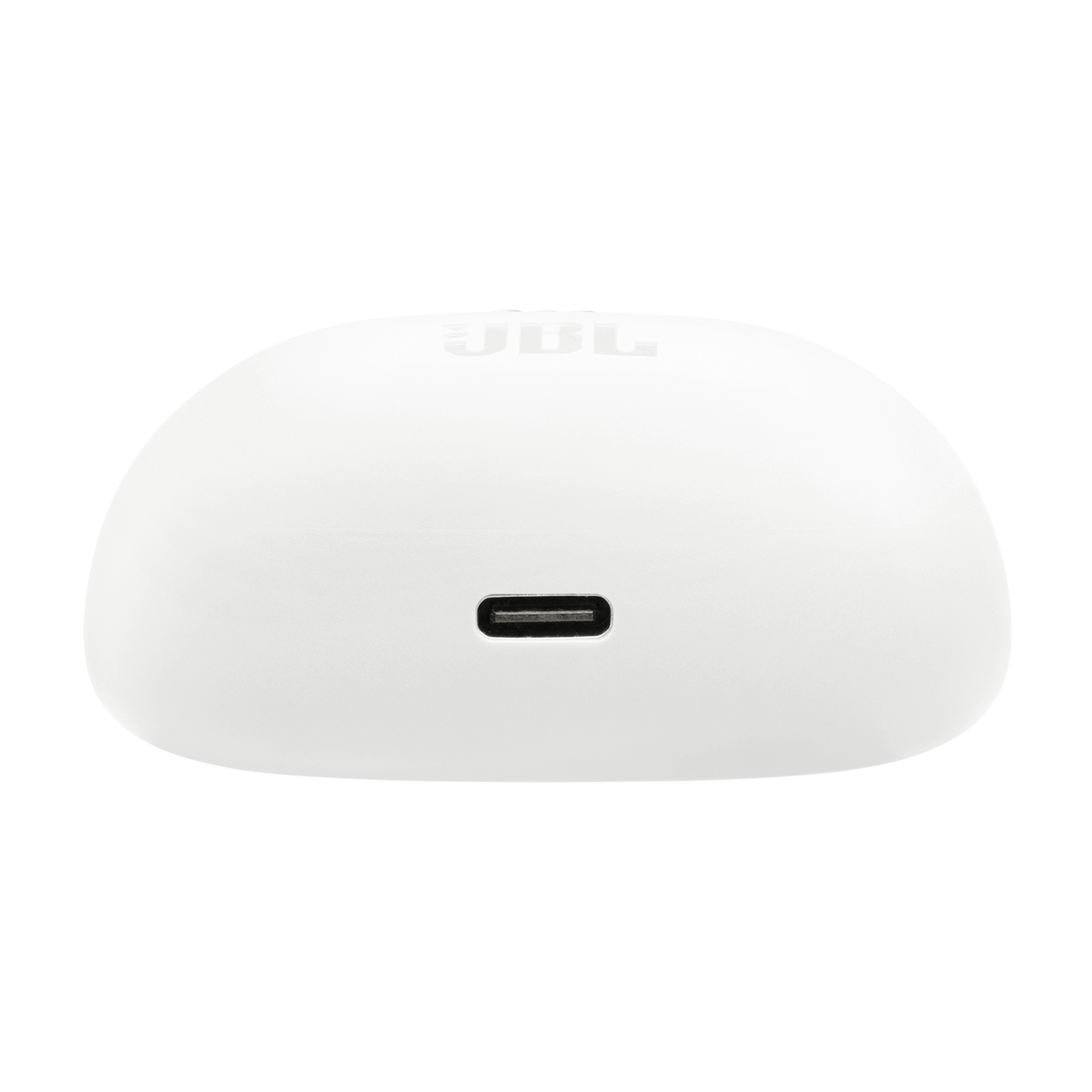 Witte JBL oortelefoon oplaadcase. Het JBL-logo staat op de case. Zwarte achtergrond.