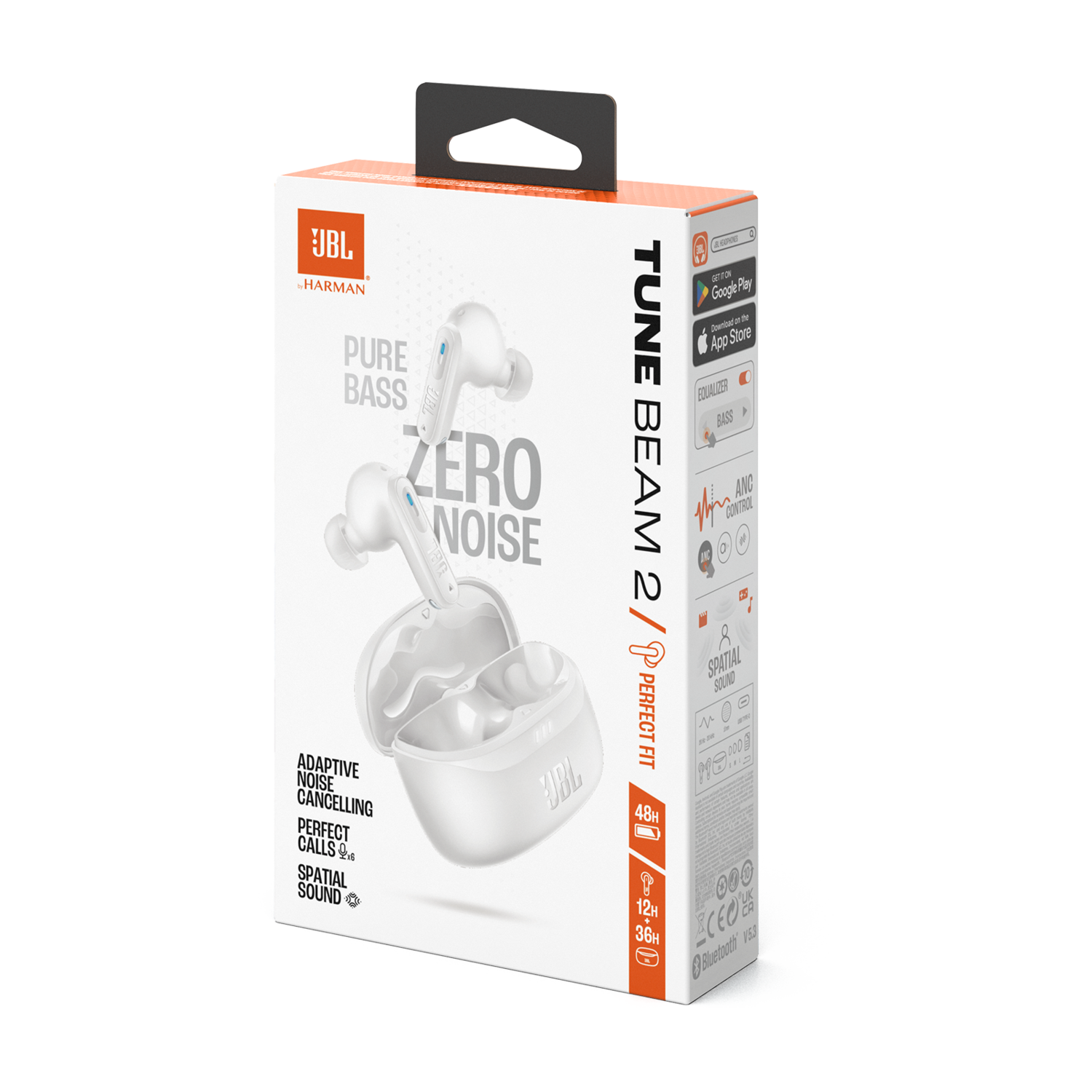 JBL Tune Beam 2 doos. Wit met oortelefoon afbeelding. Zwarte achtergrond.