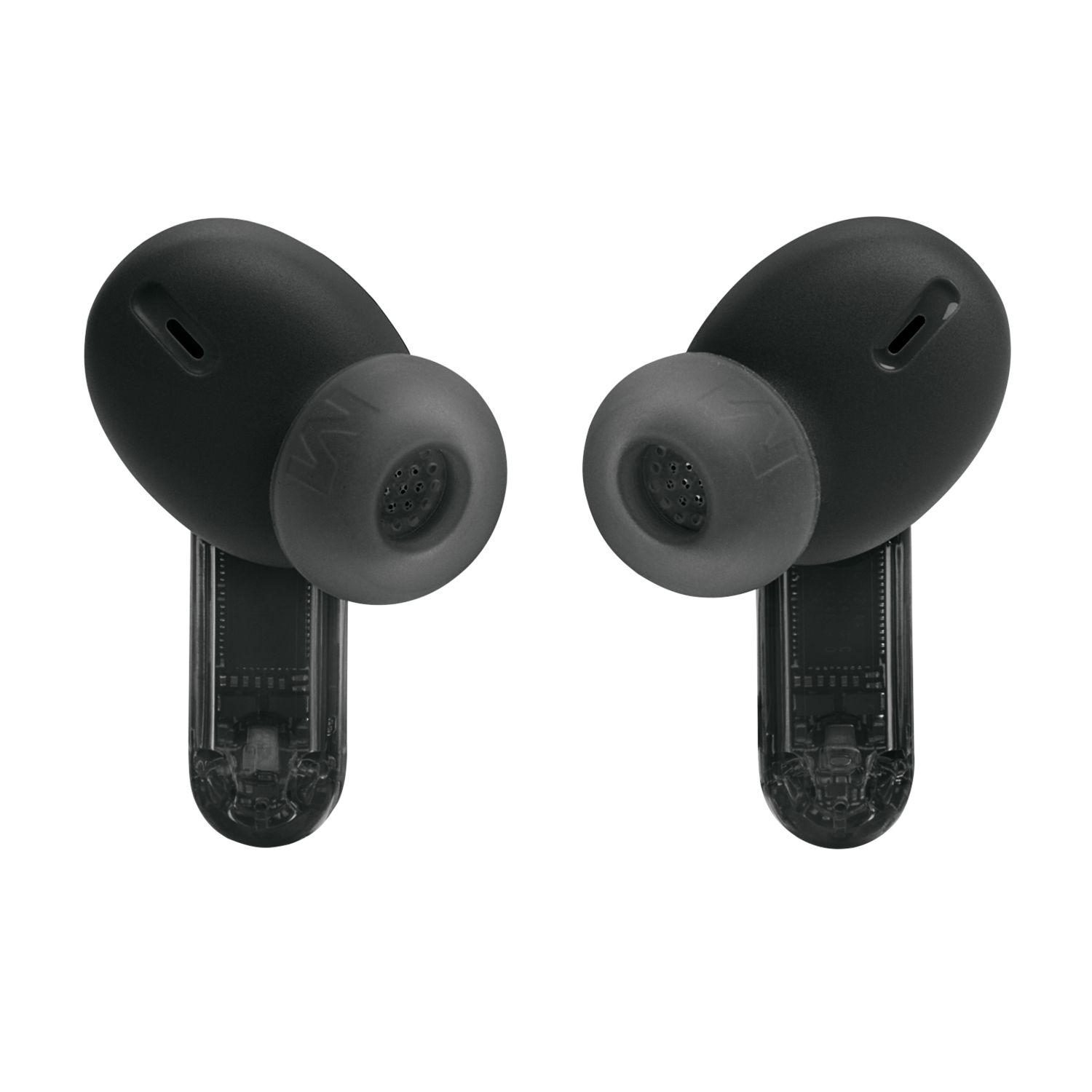 Deux écouteurs JBL noirs sur fond noir. Tiges et embouts transparents.