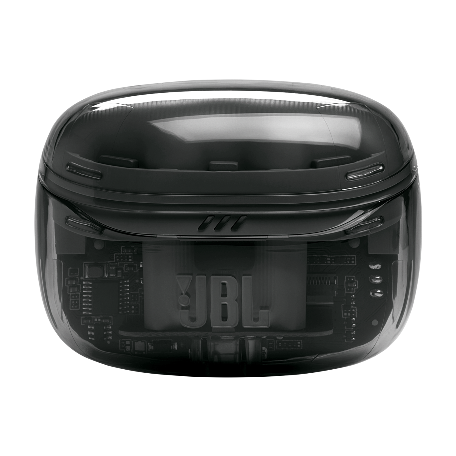 Étui d'écouteurs JBL noir et transparent sur fond noir. L'étui montre les composants internes.