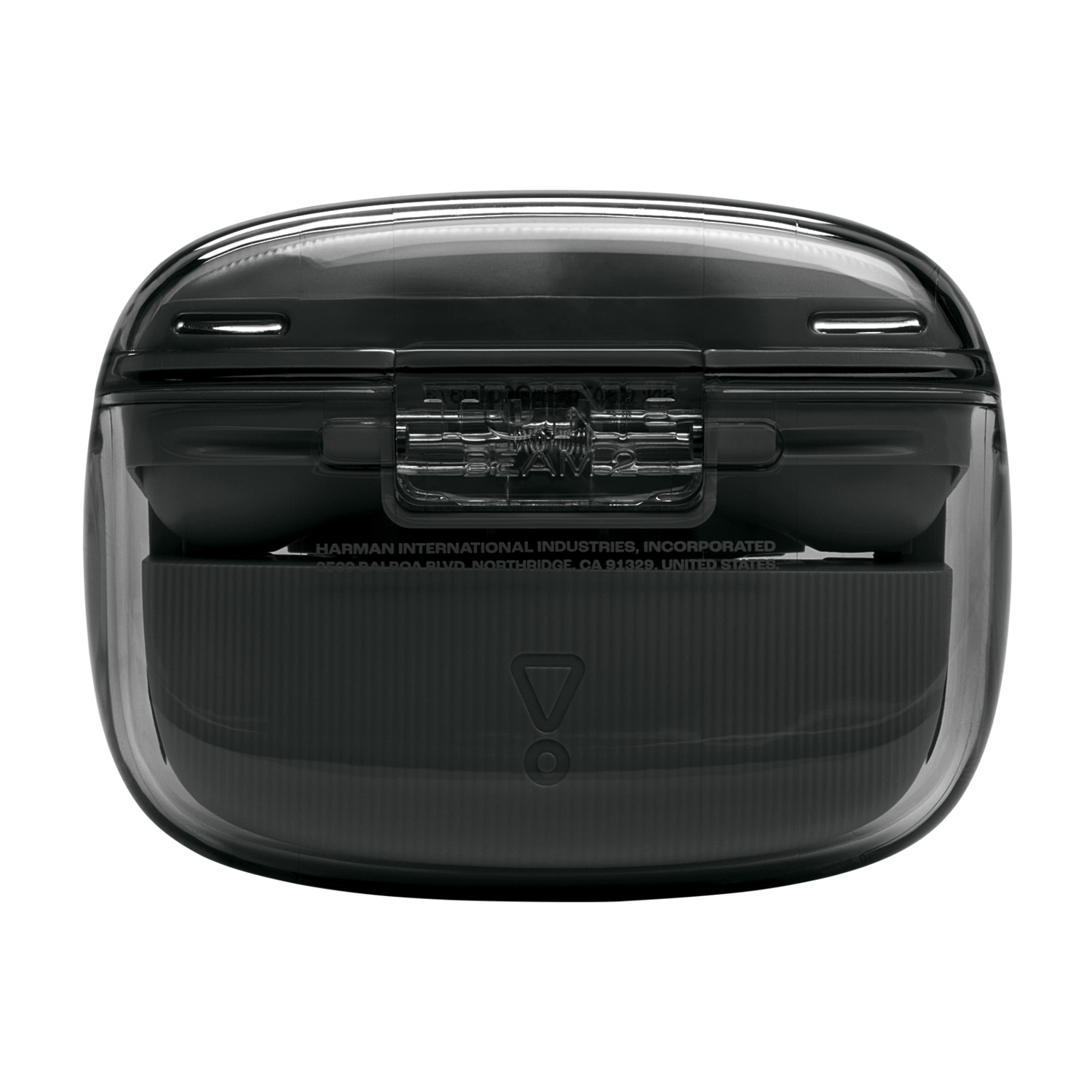 Étui d'écouteurs noir transparent fermé sur fond noir. Montrant le logo et le texte JBL.