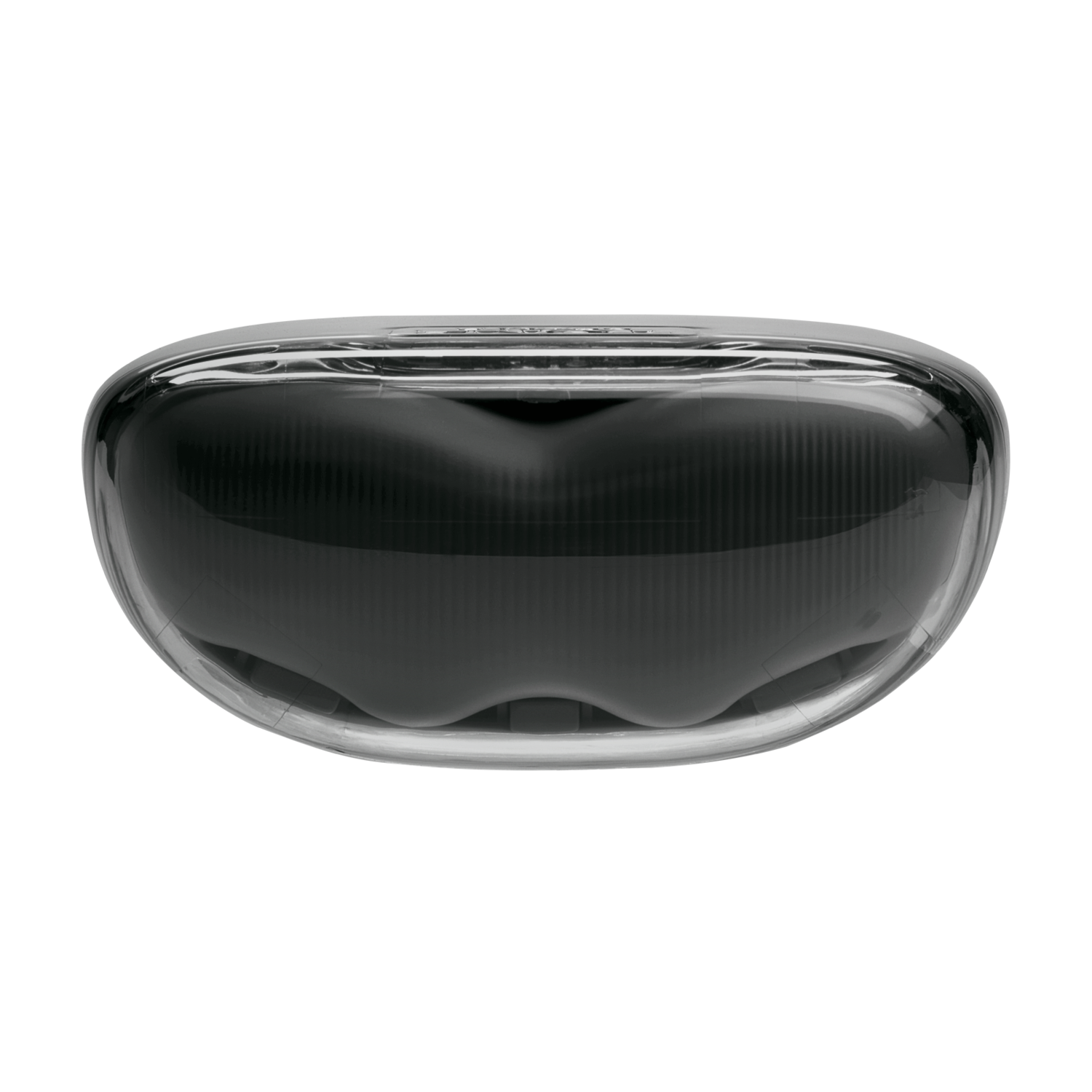 Étui d'écouteurs noir transparent sur fond noir. Vue de dessus montre la structure interne.