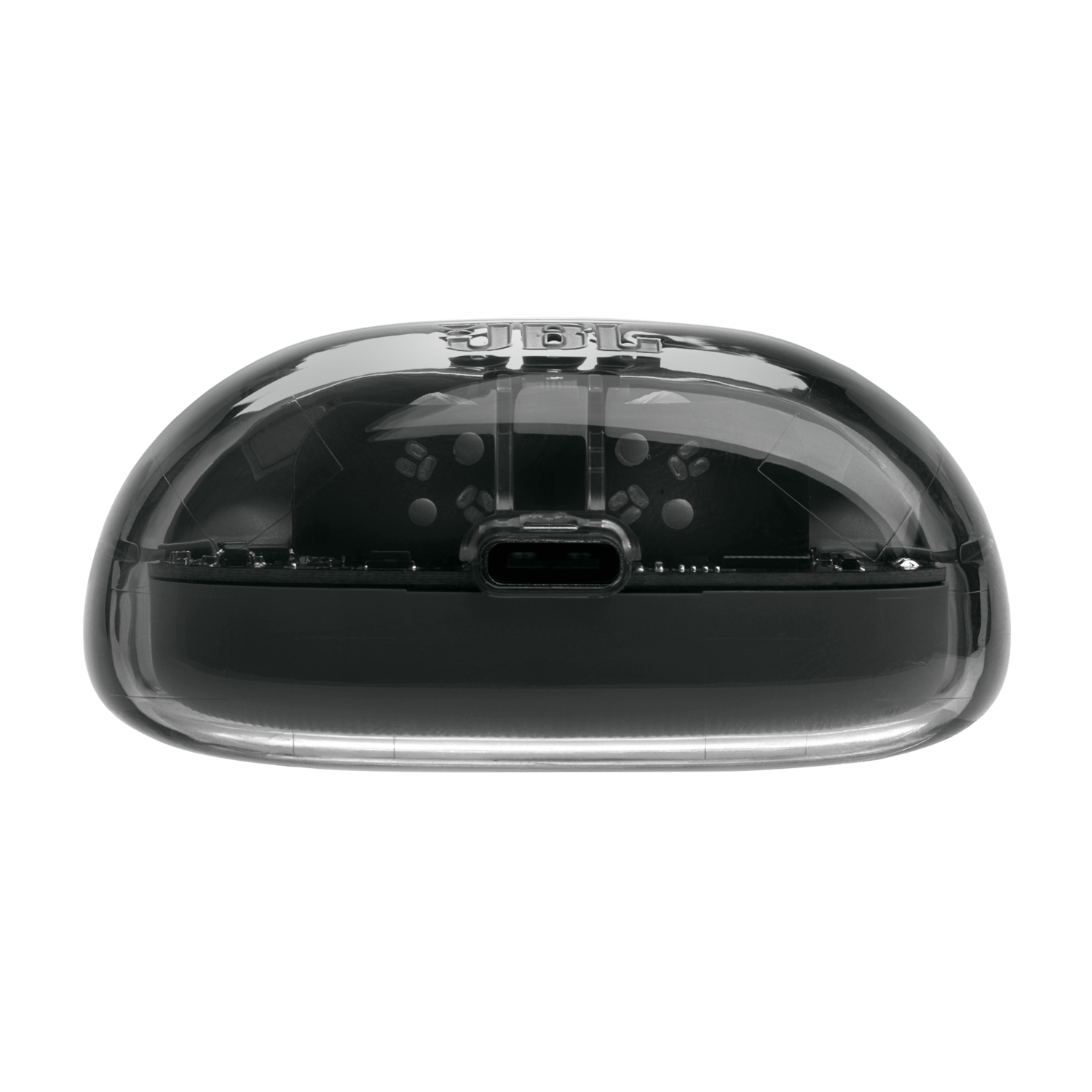 Étui d'écouteurs noir transparent sur fond noir. Montrant le port USB-C.