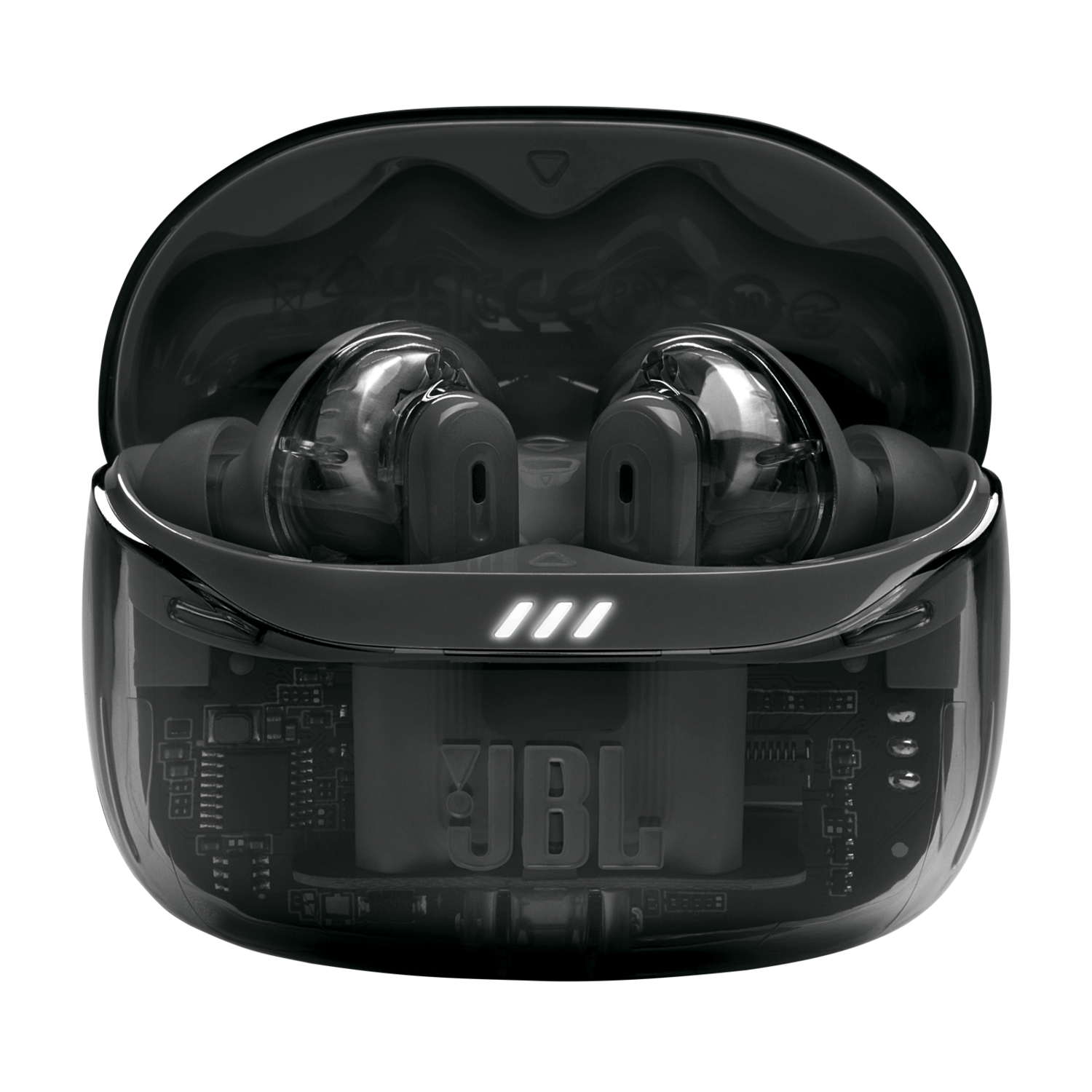 Étui d'écouteurs JBL noir transparent sur fond noir, avec deux écouteurs à l'intérieur.
