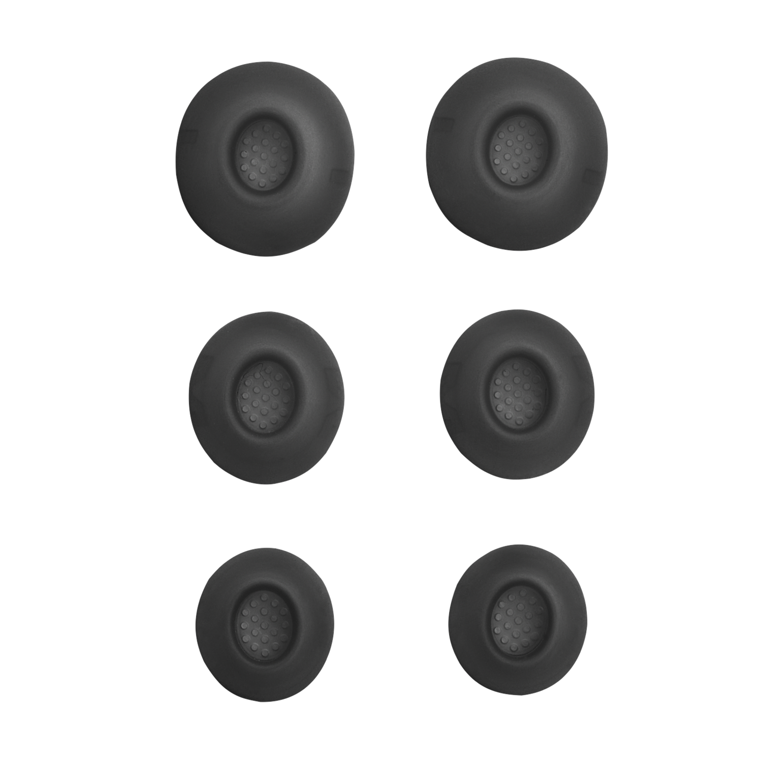 Six embouts d'oreille noirs sur fond noir. Différentes tailles et formes.