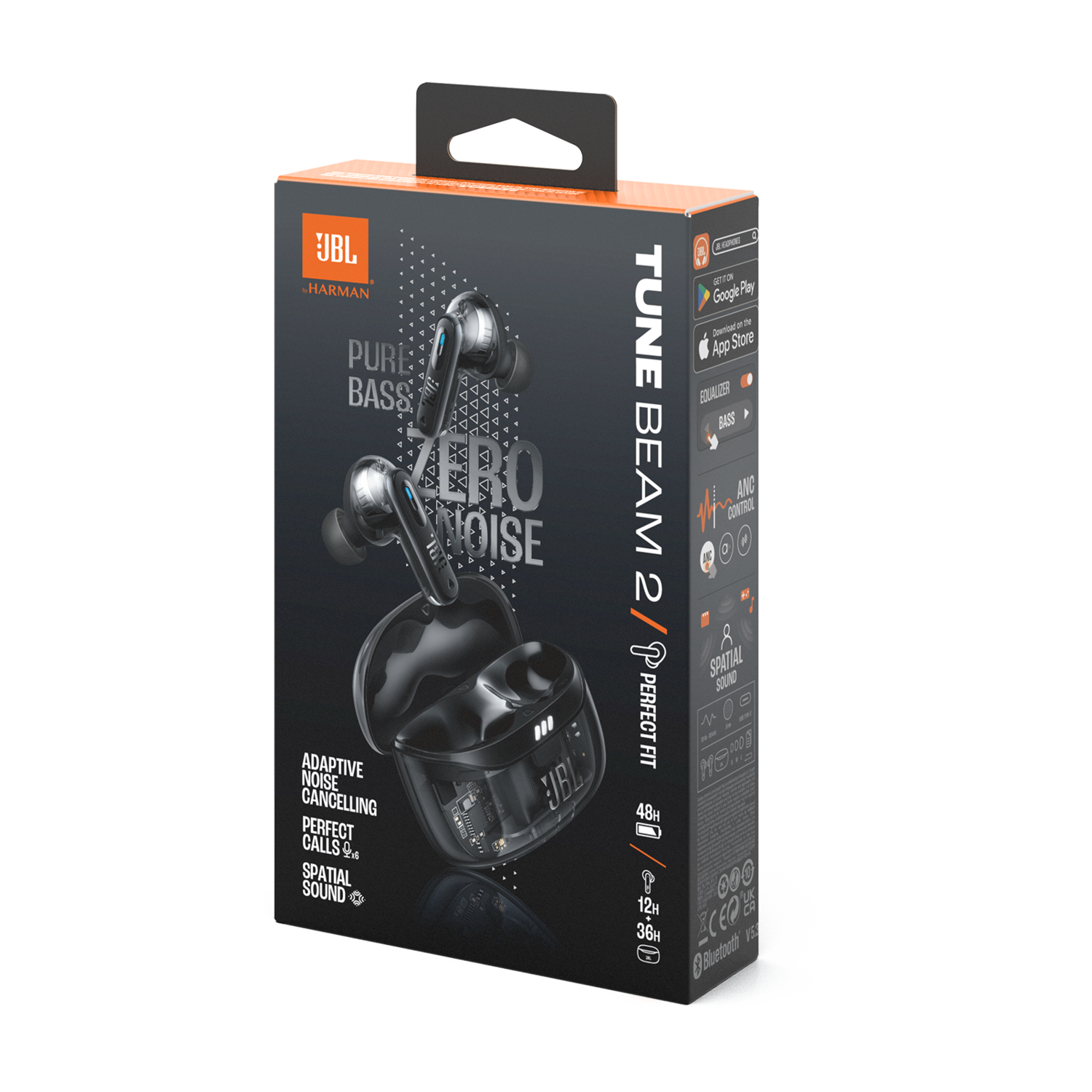 Boîte JBL Tune Beam 2 avec écouteurs et étui. La boîte montre les écouteurs et l'étui. Fond blanc.