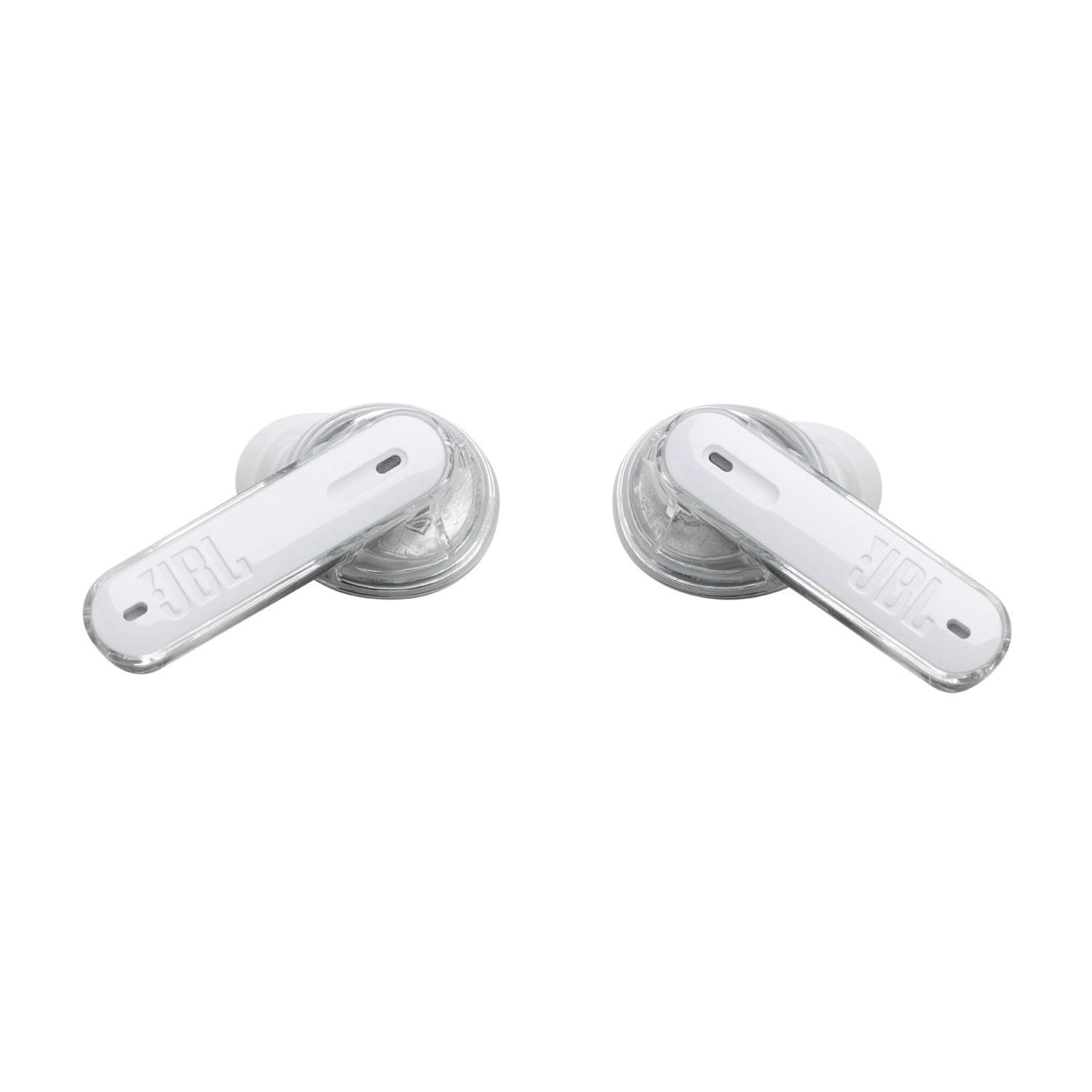 Deux écouteurs JBL blancs avec le logo JBL visible. Design transparent, fond noir.