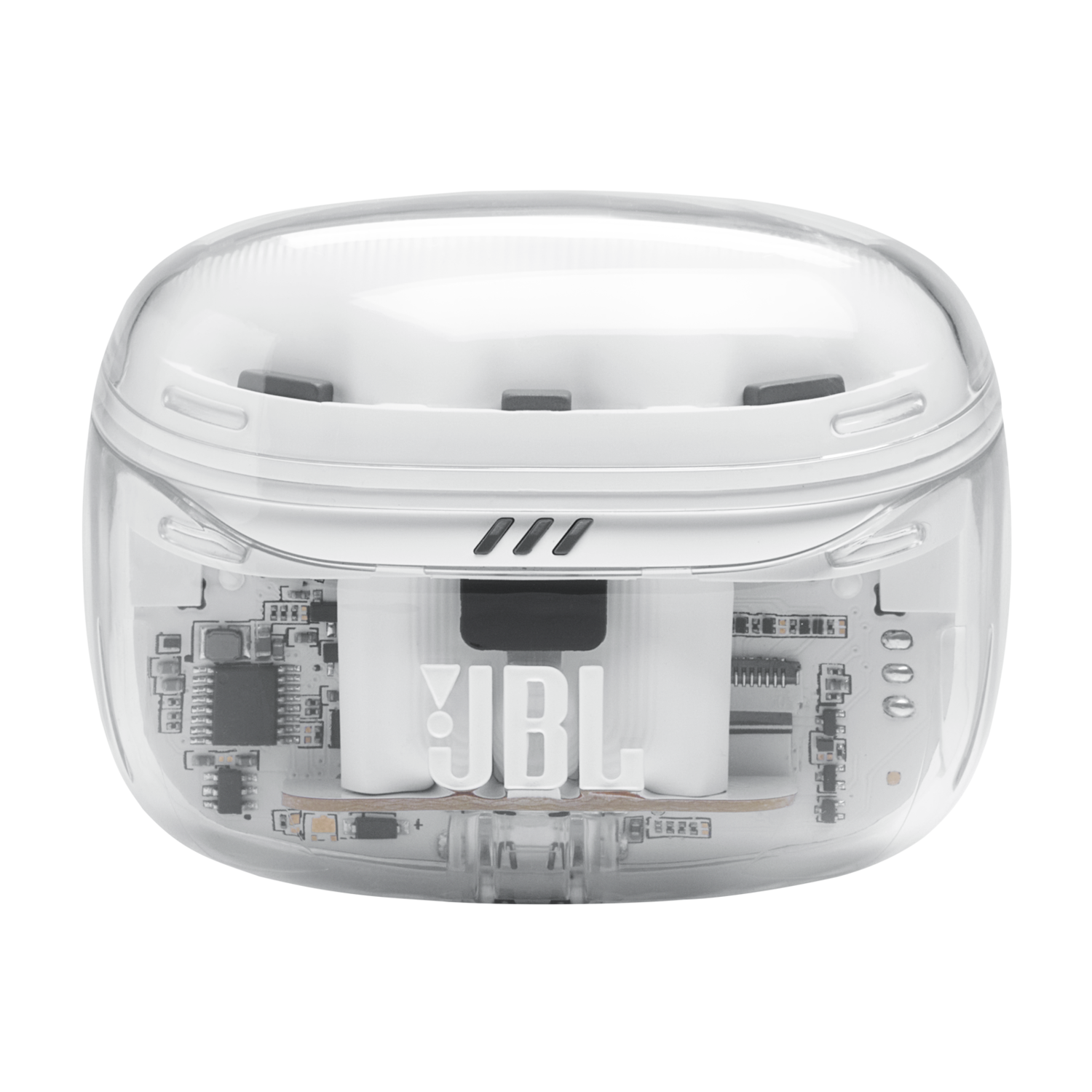 Étui d'écouteurs JBL blanc, design transparent, montrant les composants internes. Fond noir.