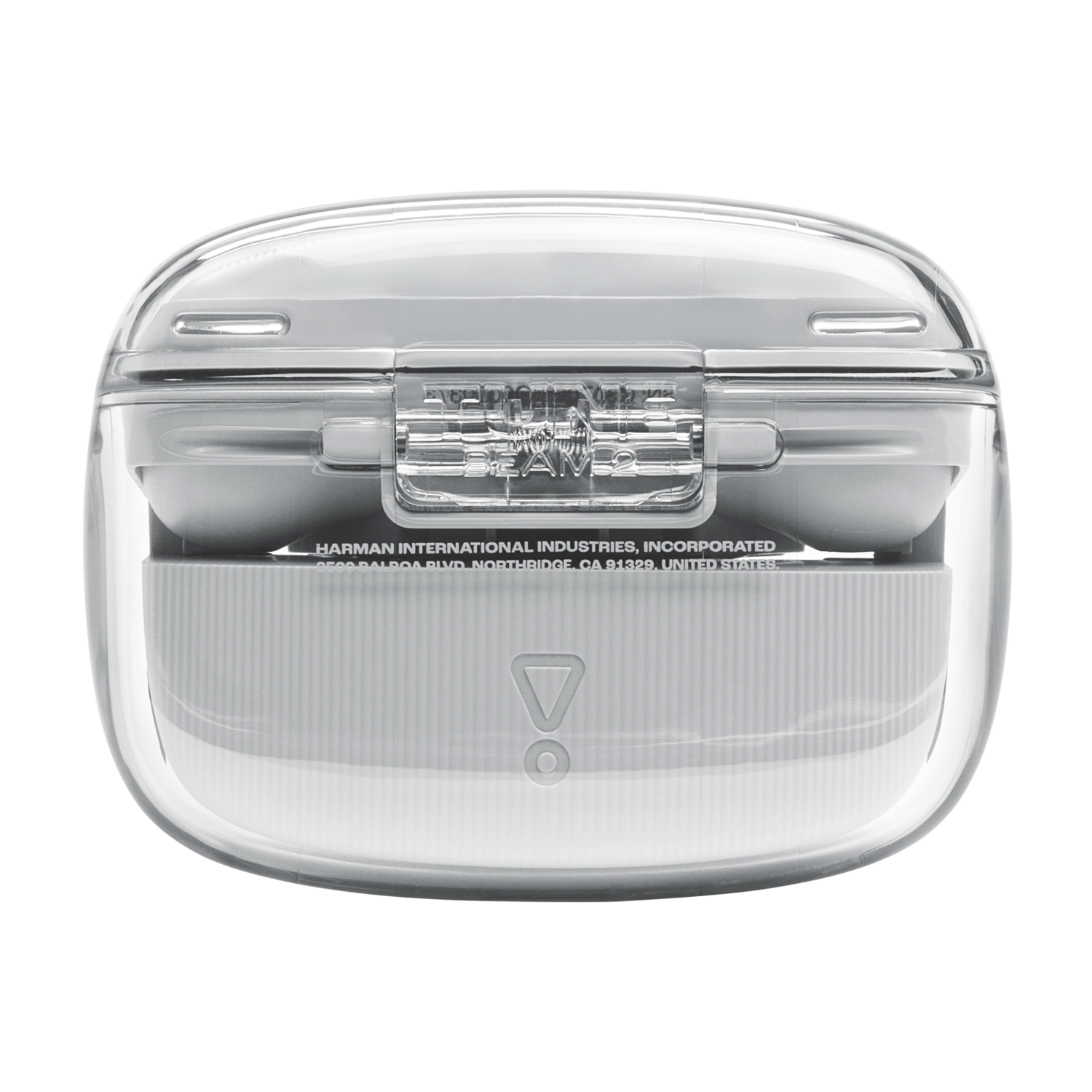 Étui d'écouteurs JBL blanc et transparent, ouvert. Marque visible et composants internes. Noir.