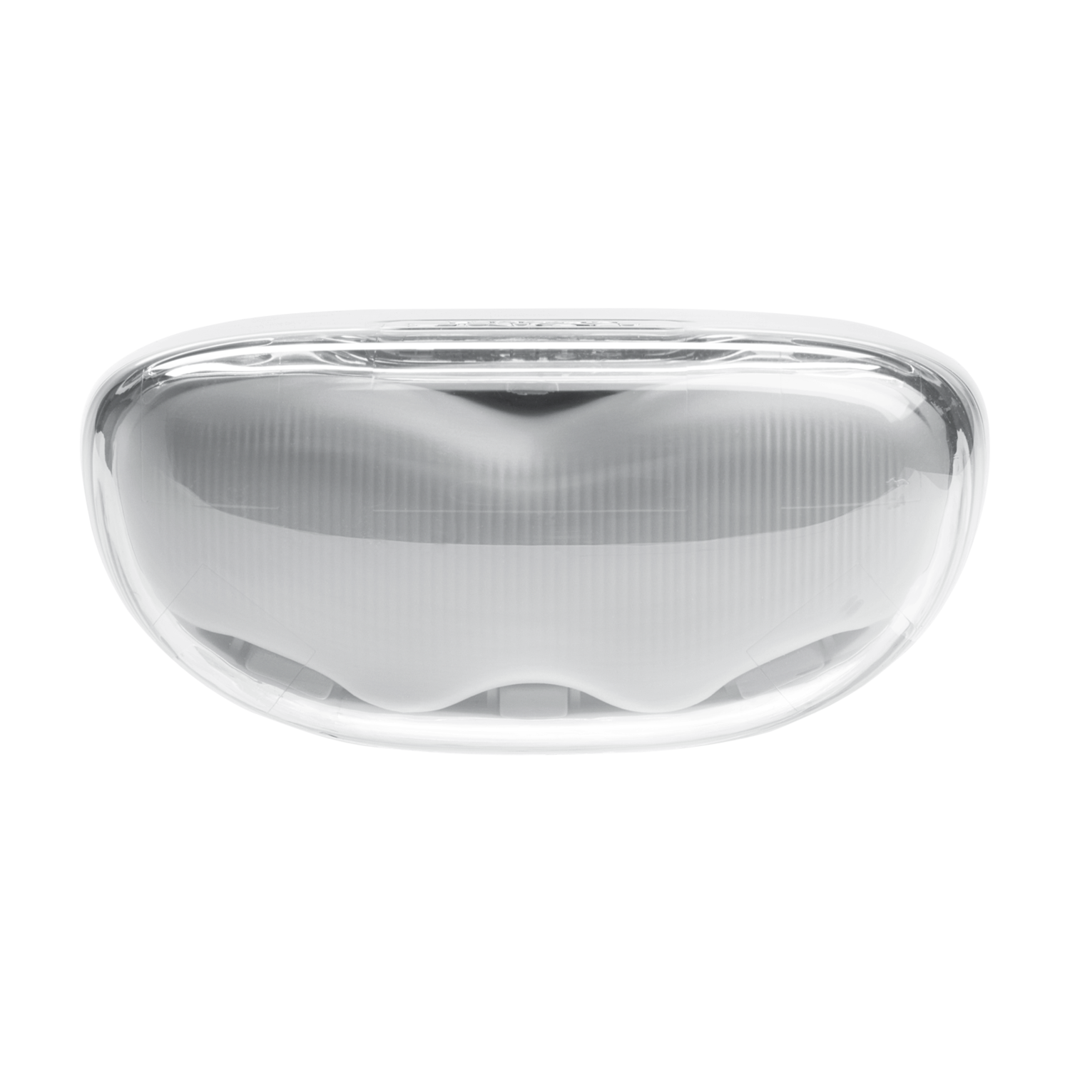 Étui d'écouteurs JBL transparent, fermé. Intérieur blanc visible, fond noir.