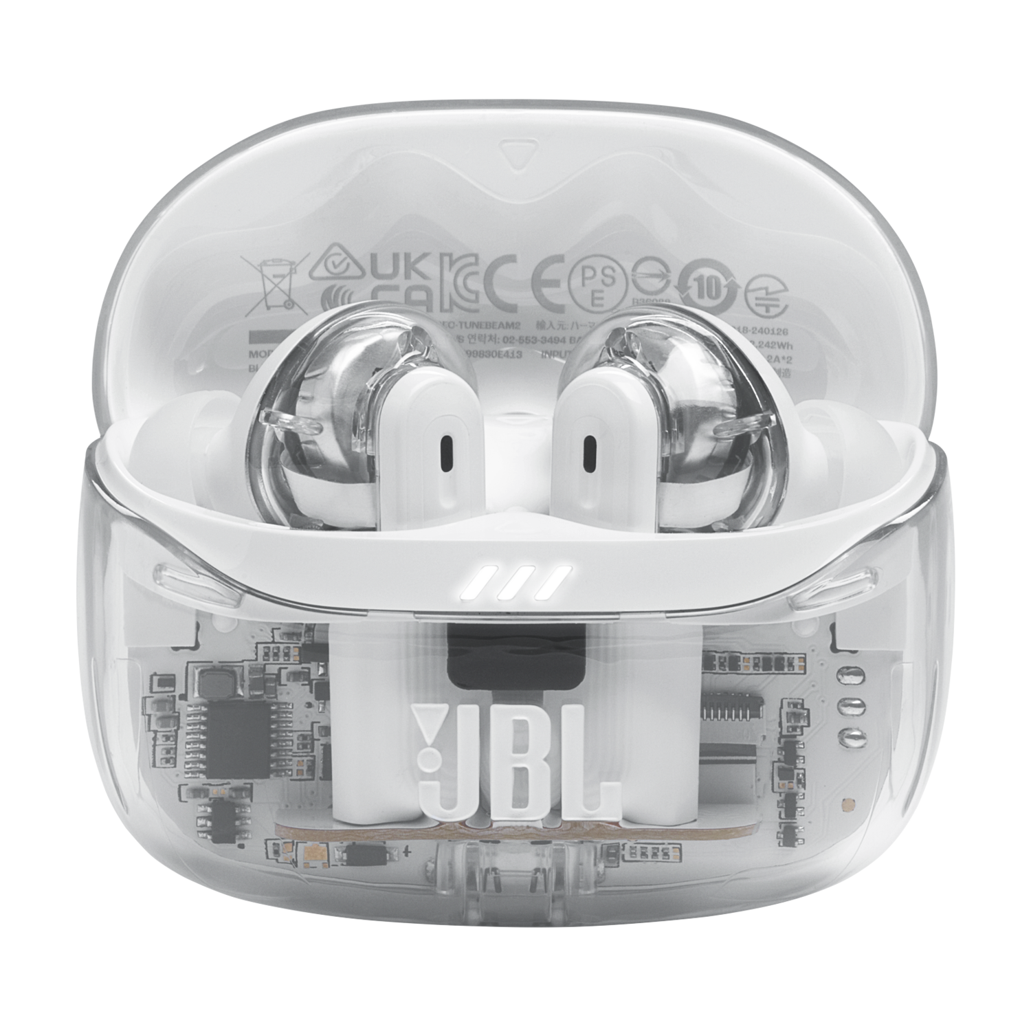 Écouteurs JBL dans un étui transparent, ouvert. Écouteurs blancs, étui montre les composants internes. Noir.