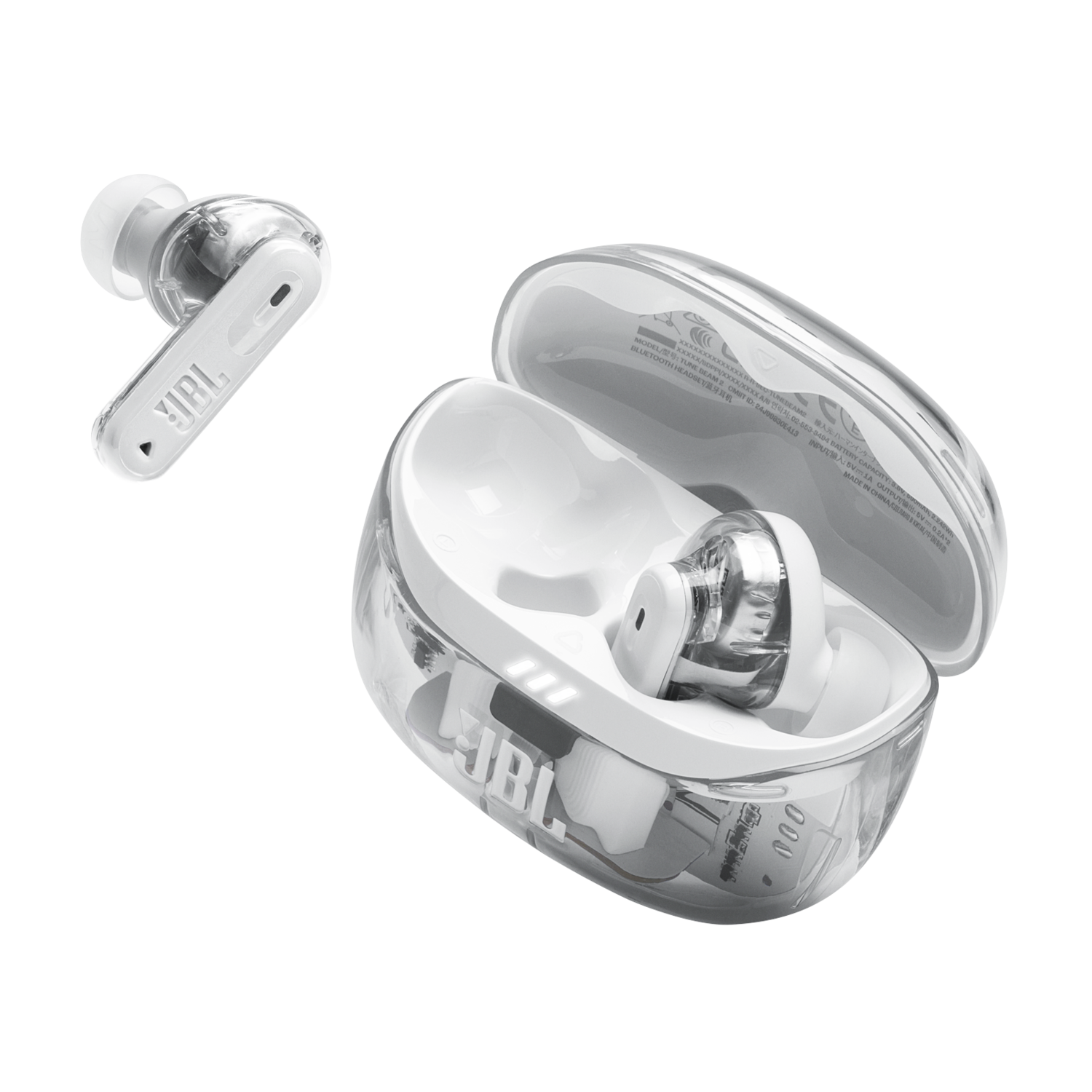 Écouteurs et étui JBL blancs, partiellement ouverts. Un écouteur retiré. Fond noir.
