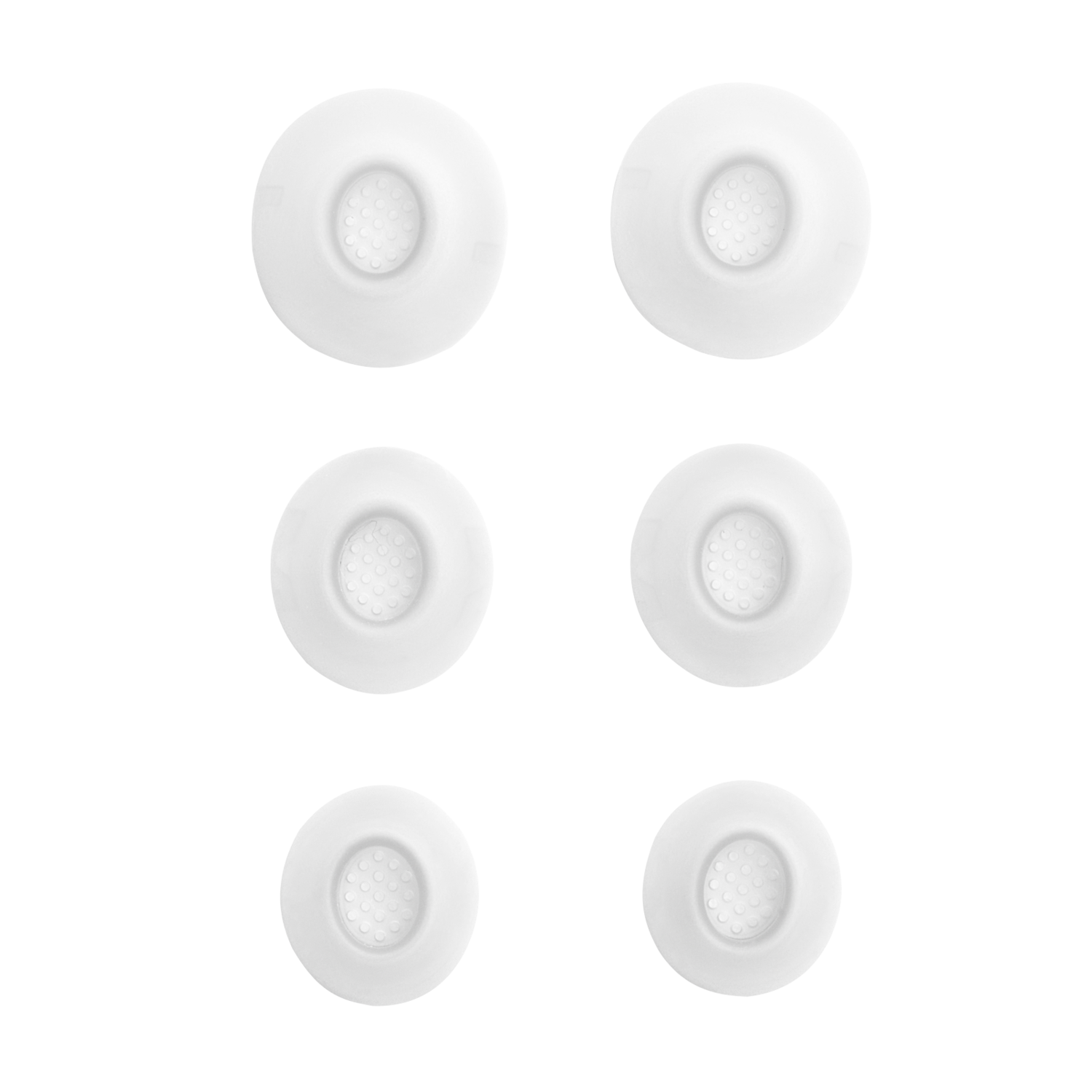 Six embouts d'oreille blancs, en deux rangées de trois. Fond noir.