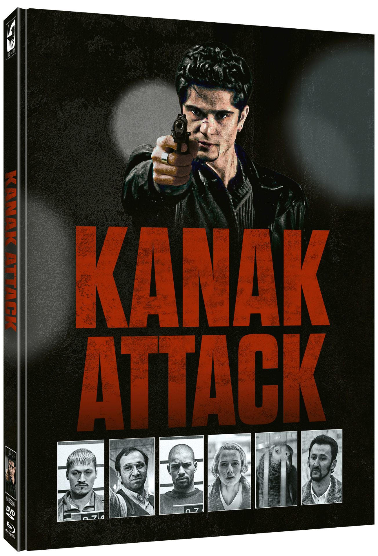 Mann mit Pistole über "Kanak Attack"-Titel, darunter Mugshots.
