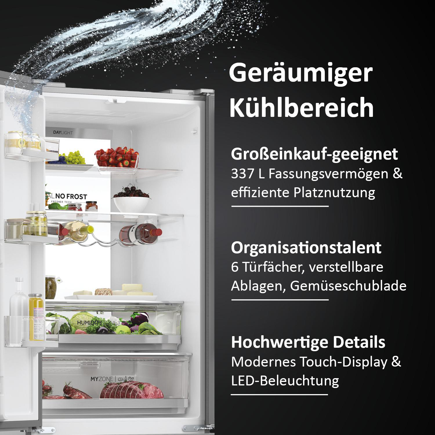 Haier Kühlschrank-Innenraum mit Text. Verschiedene Lebensmittel sichtbar.