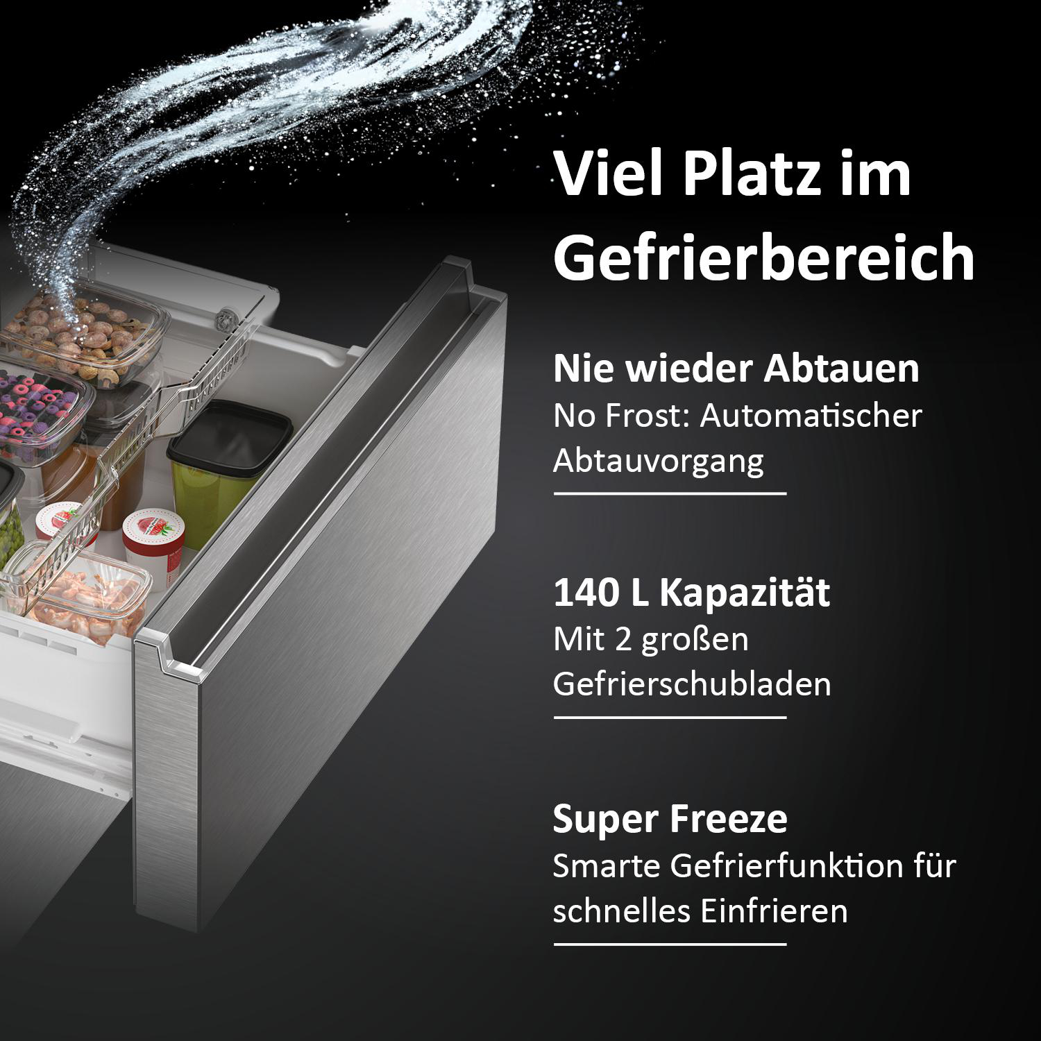 Haier Gefrierfach-Innenraum mit Text. Schubladen mit Essen drin.