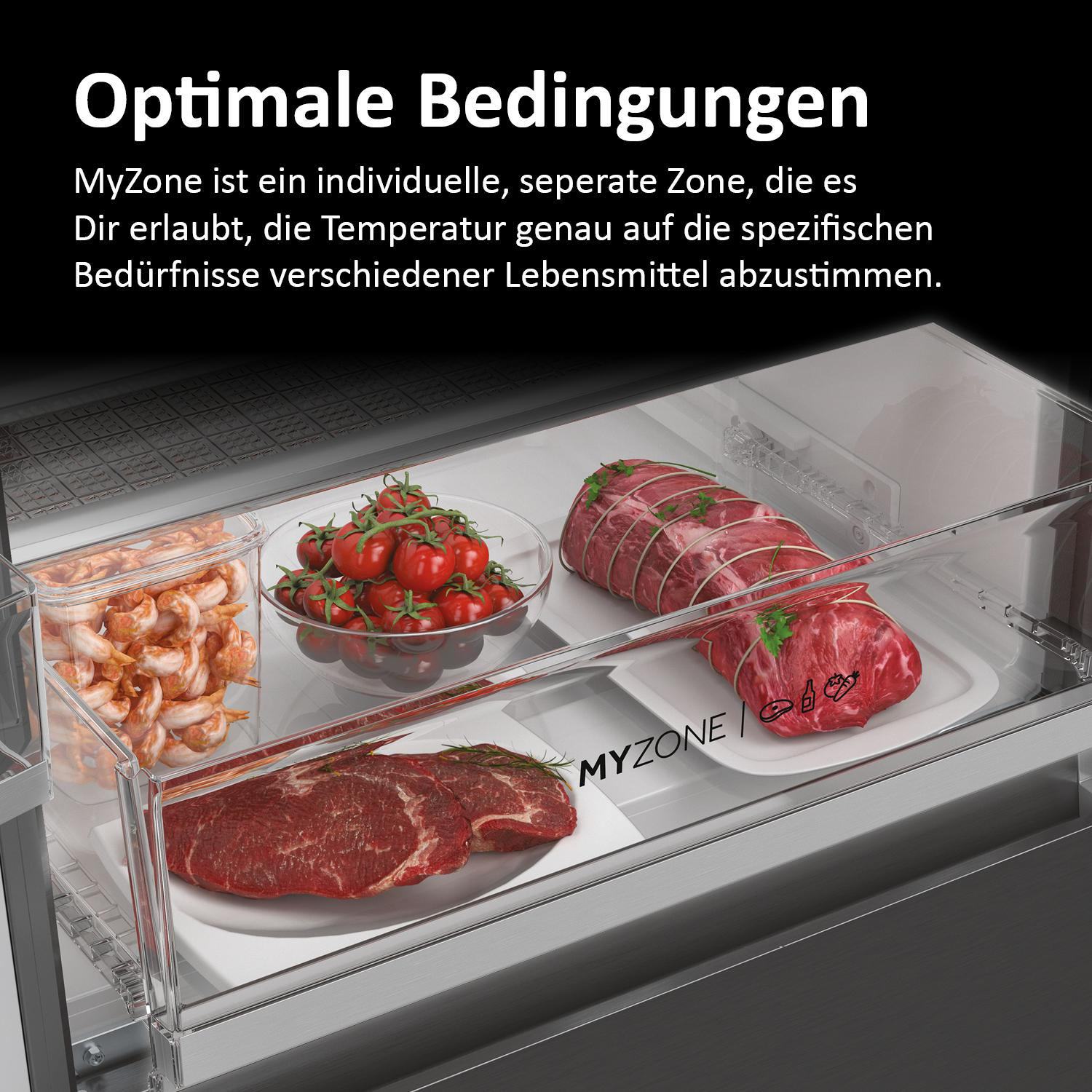 Haier Kühlschrank-Innenraum. MyZone-Schublade mit Garnelen, Tomaten, Fleisch.