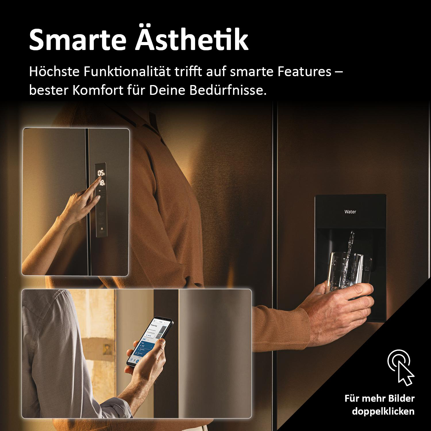 Haier Kühlschrank mit Text. Person nutzt Touch-Display und Wasserspender.