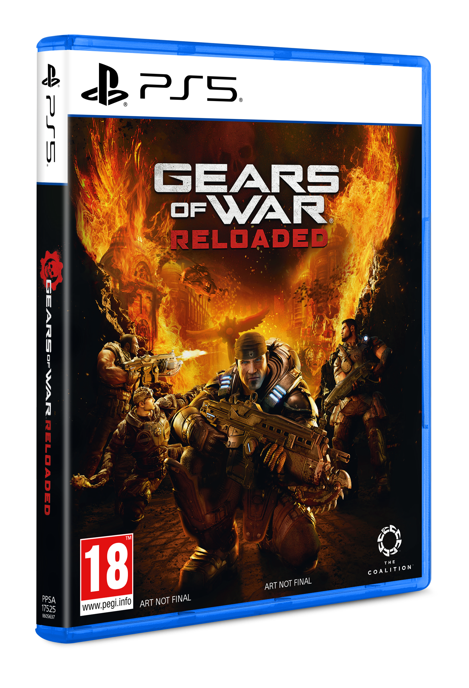 PS5-Spielhülle. Cover zeigt Gears of War Reloaded, Charaktere, Flammen.