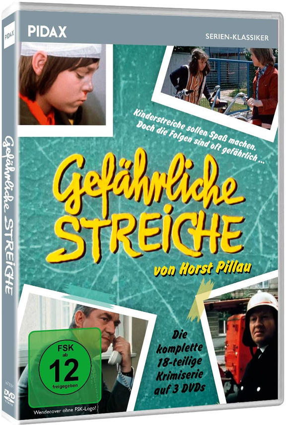 DVD-Cover. Titel: Gefährliche Streiche. Zeigt Szenen von Kindern, einem Jungen und einem Mann am Telefon.