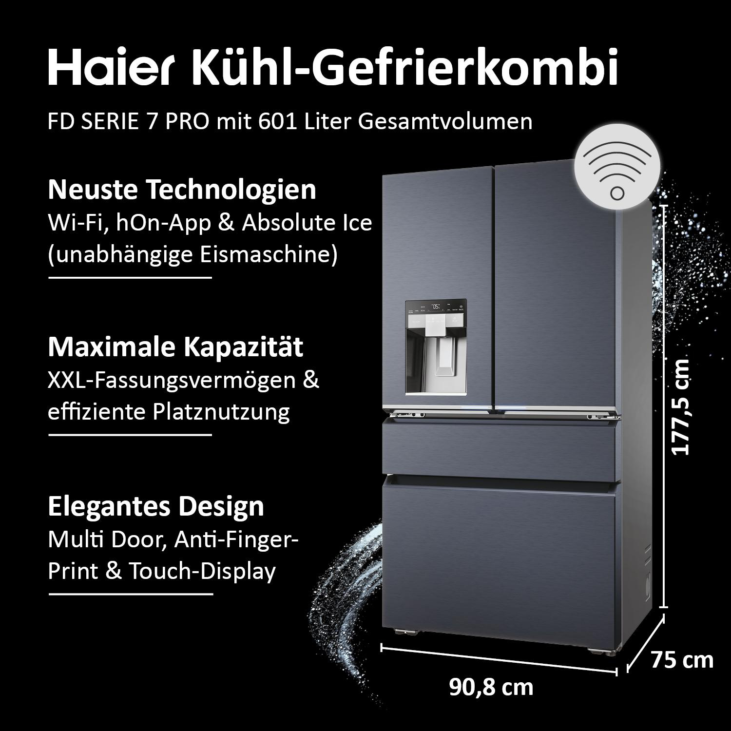 Ein Haier Kühlschrank mit Text, der seine Funktionen und Abmessungen hervorhebt.