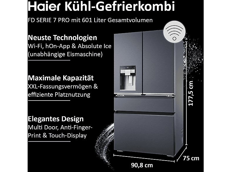 HAIER HFW7918EIMB 90 SERIE 7 PRO French Door (601 l, E, 1775 mm hoch, Obsidian Black Inox)