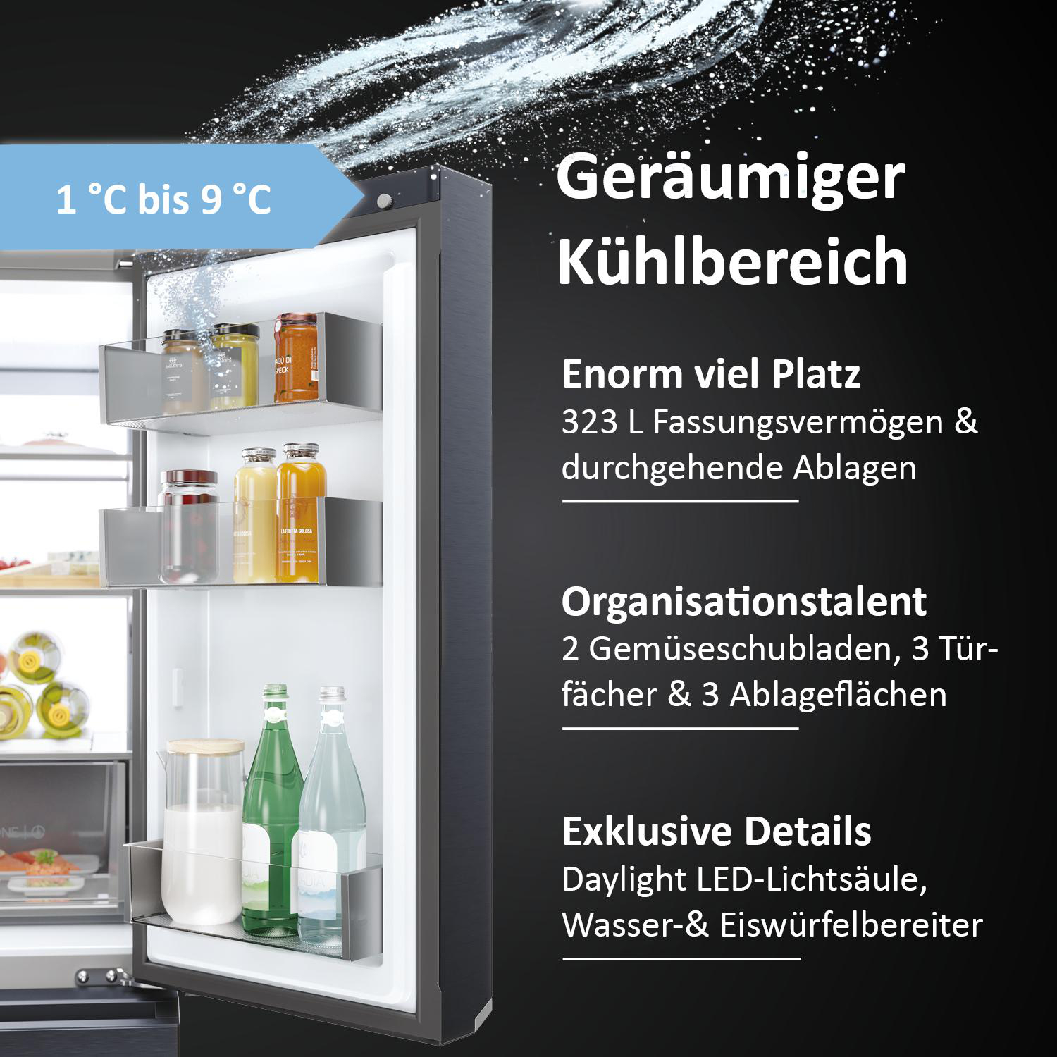 Im Inneren eines Haier Kühlschranks mit Regalen, Lebensmitteln und Textbeschreibungen.