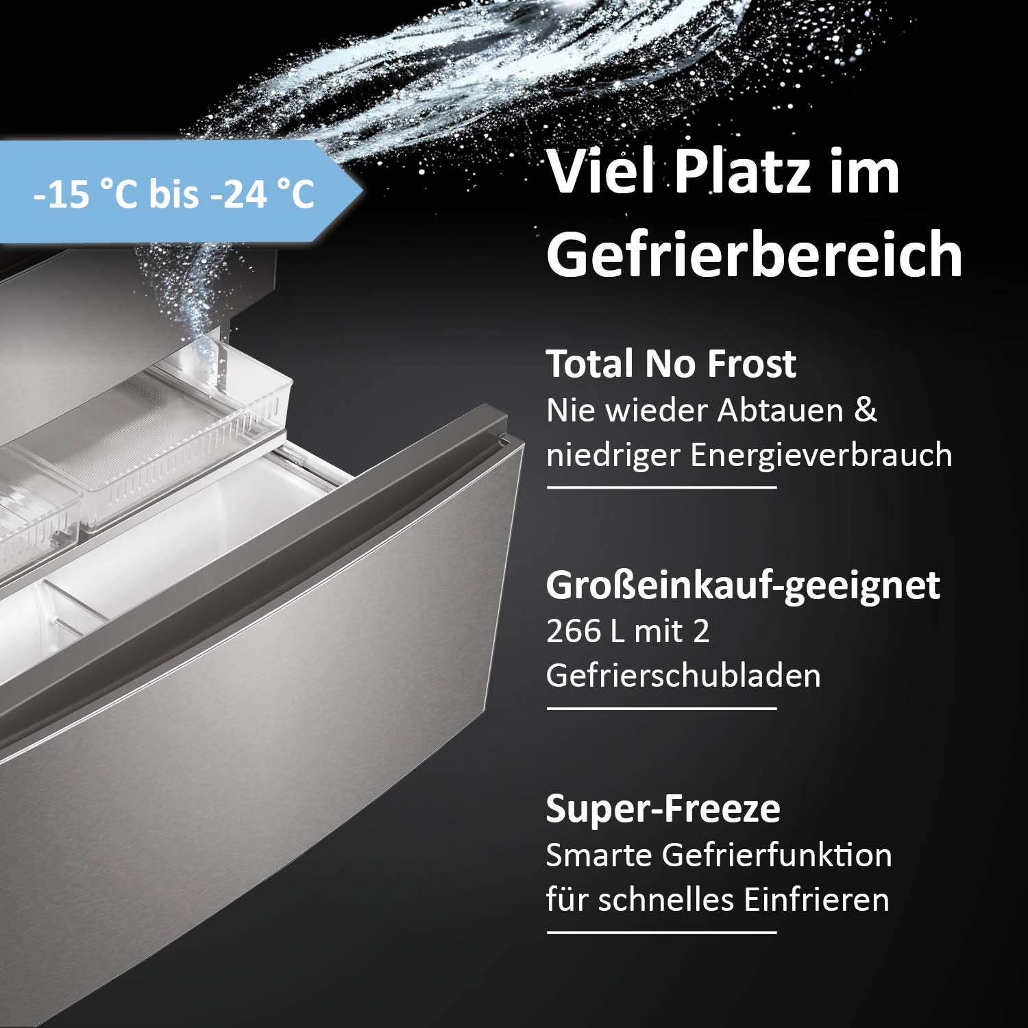 Kühlschrankinneres mit Tiefkühlkost, Text über Funktionen und Temperaturbereich.