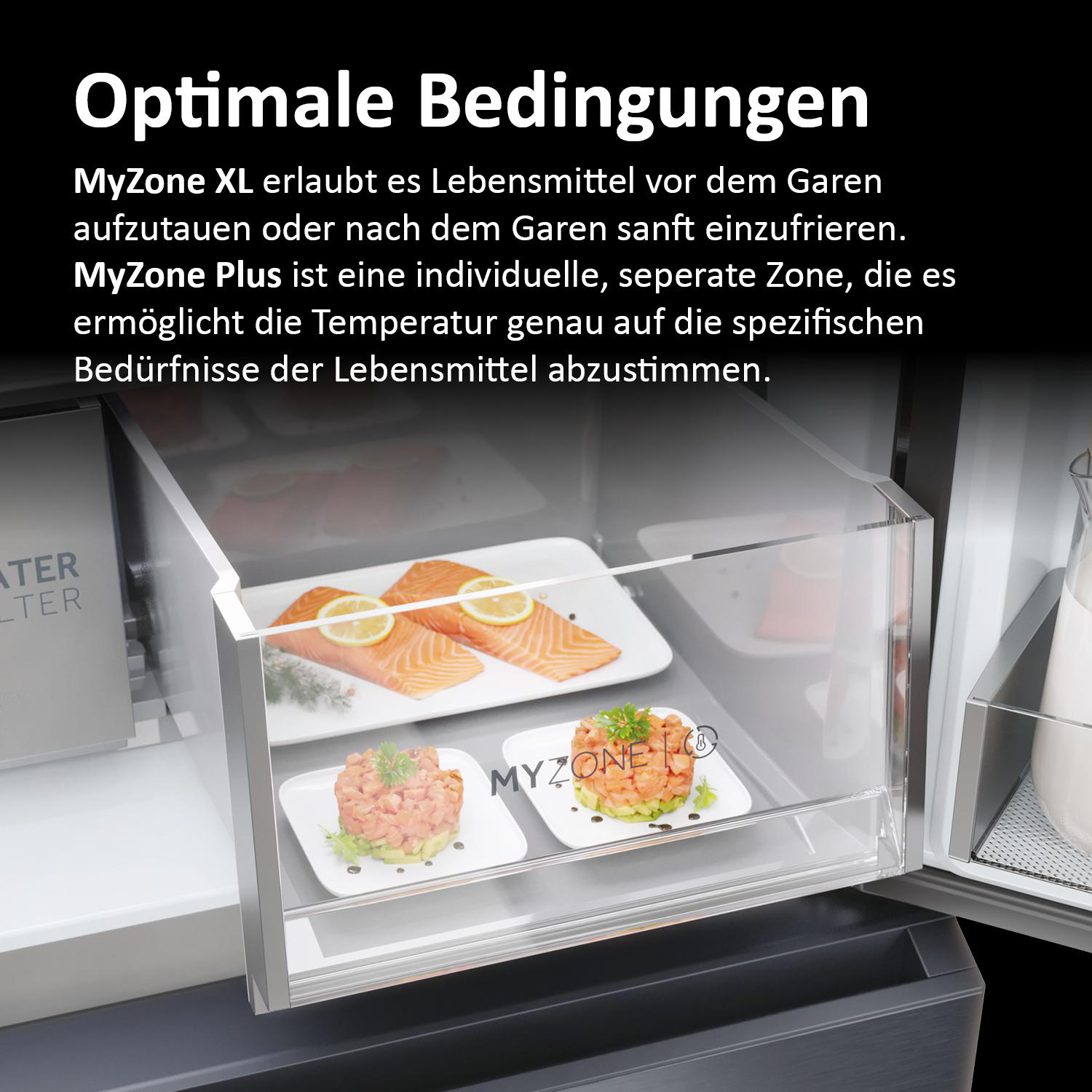 Kühlschrankinnenraum mit transparentem Fach, das Lebensmittel wie Lachs und Tartar enthält.