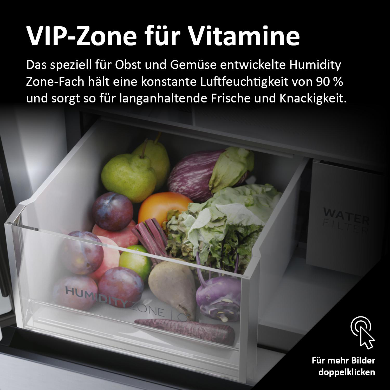Kühlschrankinnenraum mit Gemüse in einer transparenten Schublade, beschriftet mit 'Humidity Zone'.