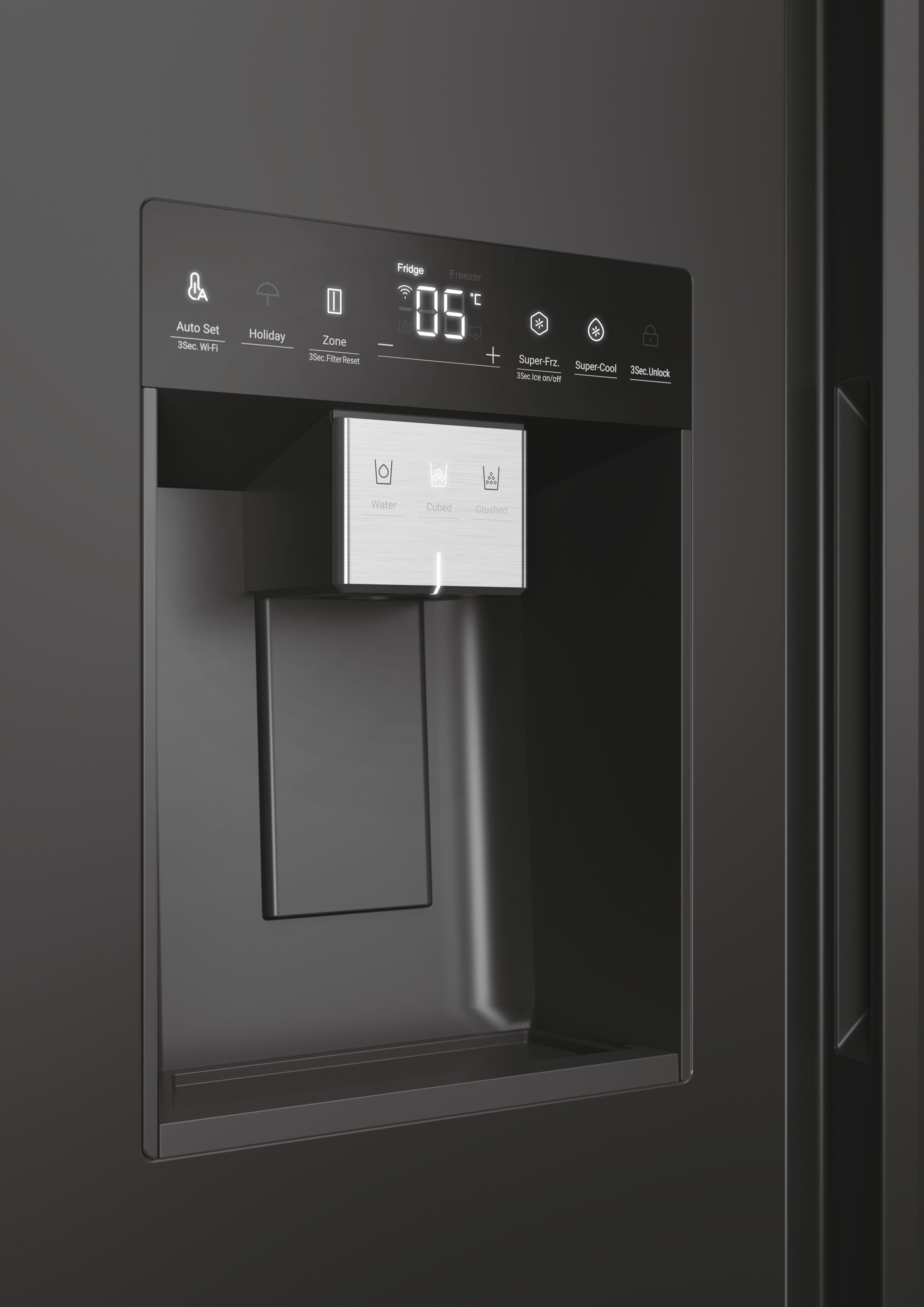Nahaufnahme eines schwarzen Haier Kühlschrank-Spenders mit Anzeige.