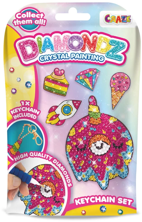 Diamondz Crystal Painting készlet különféle mintákkal, beleértve egy rakétát és egy gyémántot.