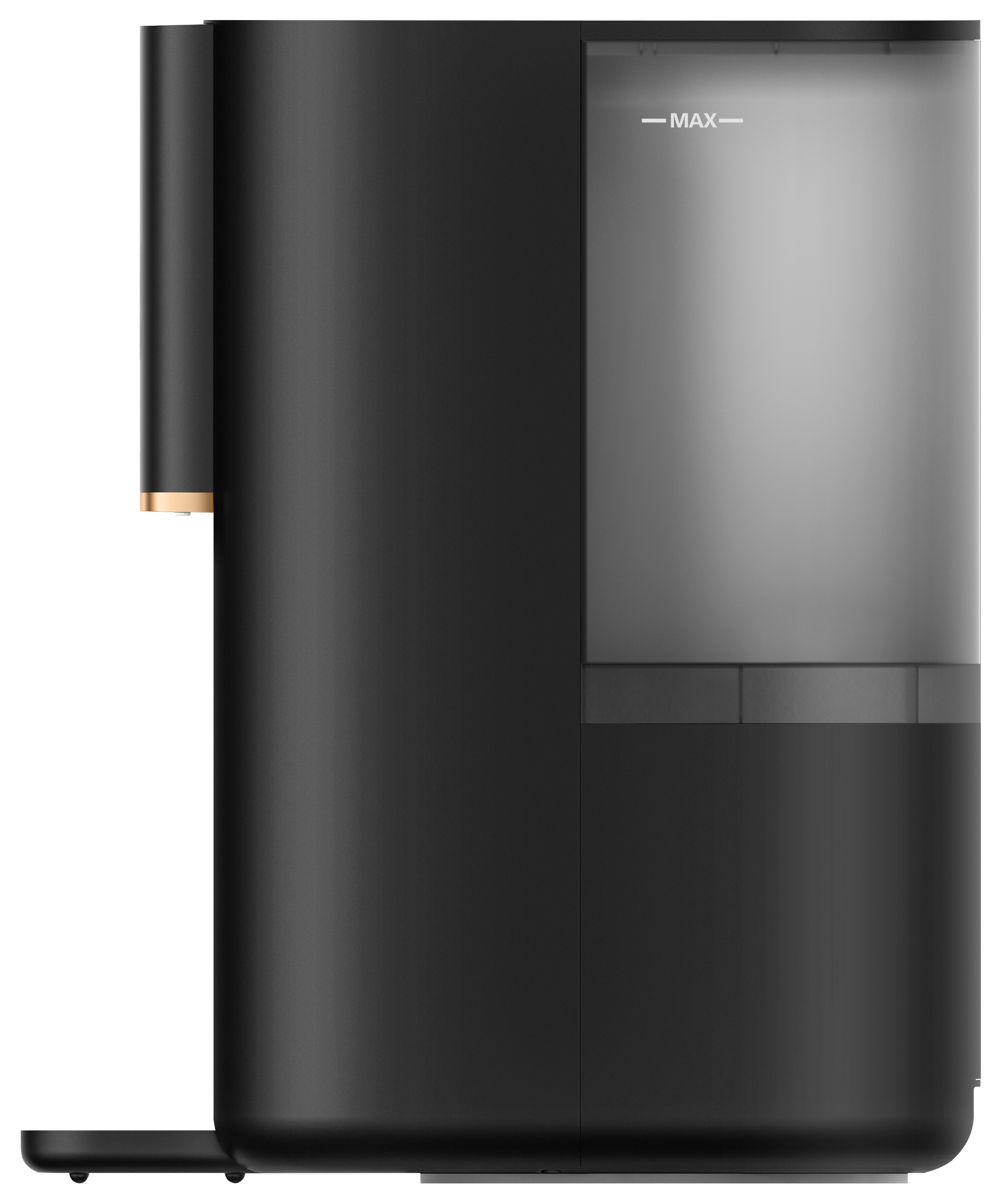 Czarny dystrybutor wody z przezroczystym zbiornikiem. Dystrybutor ma złote akcenty i czarną podstawę.