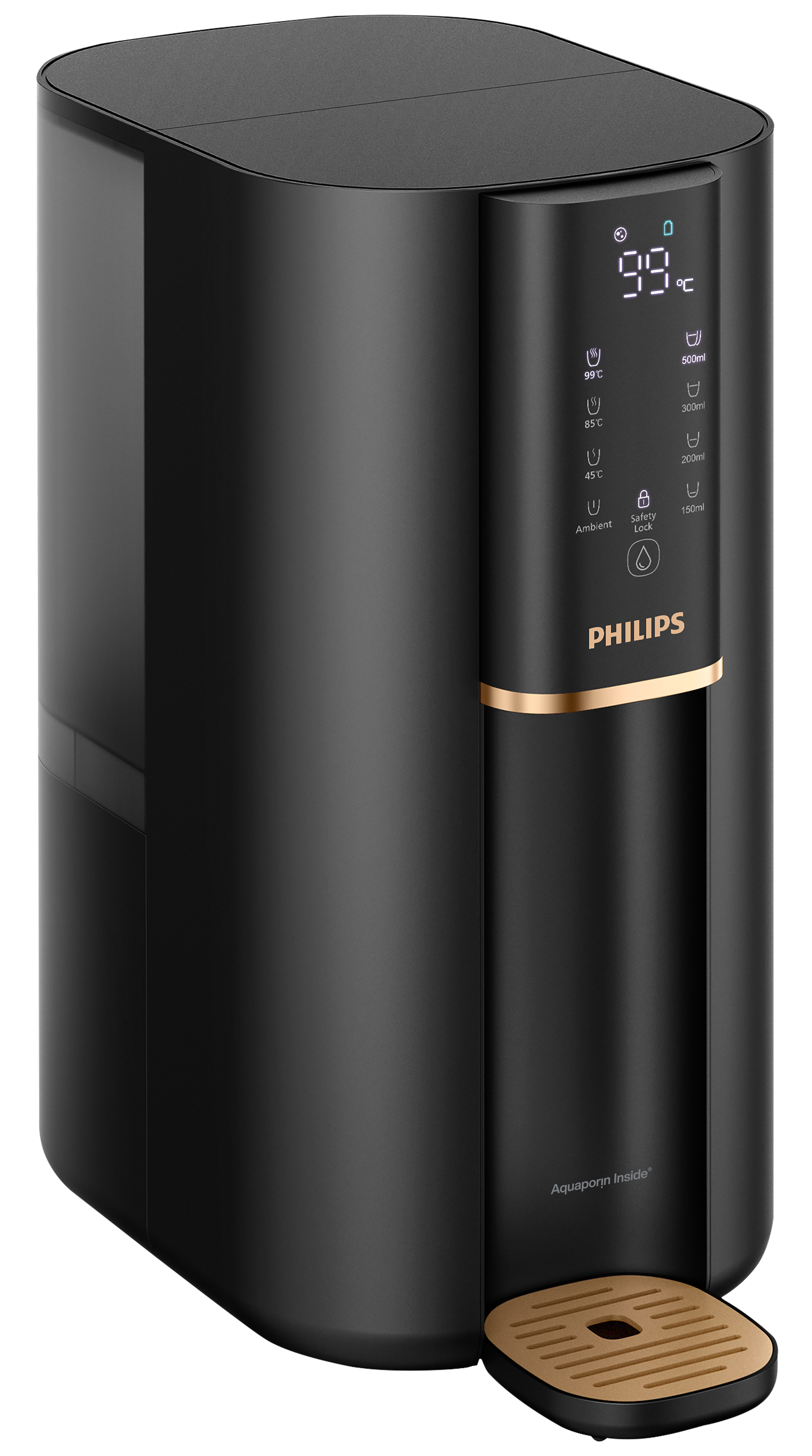 Czarny dystrybutor wody Philips ze złotymi akcentami, wyświetlacz cyfrowy 99°C, różne opcje objętości i temperatury.