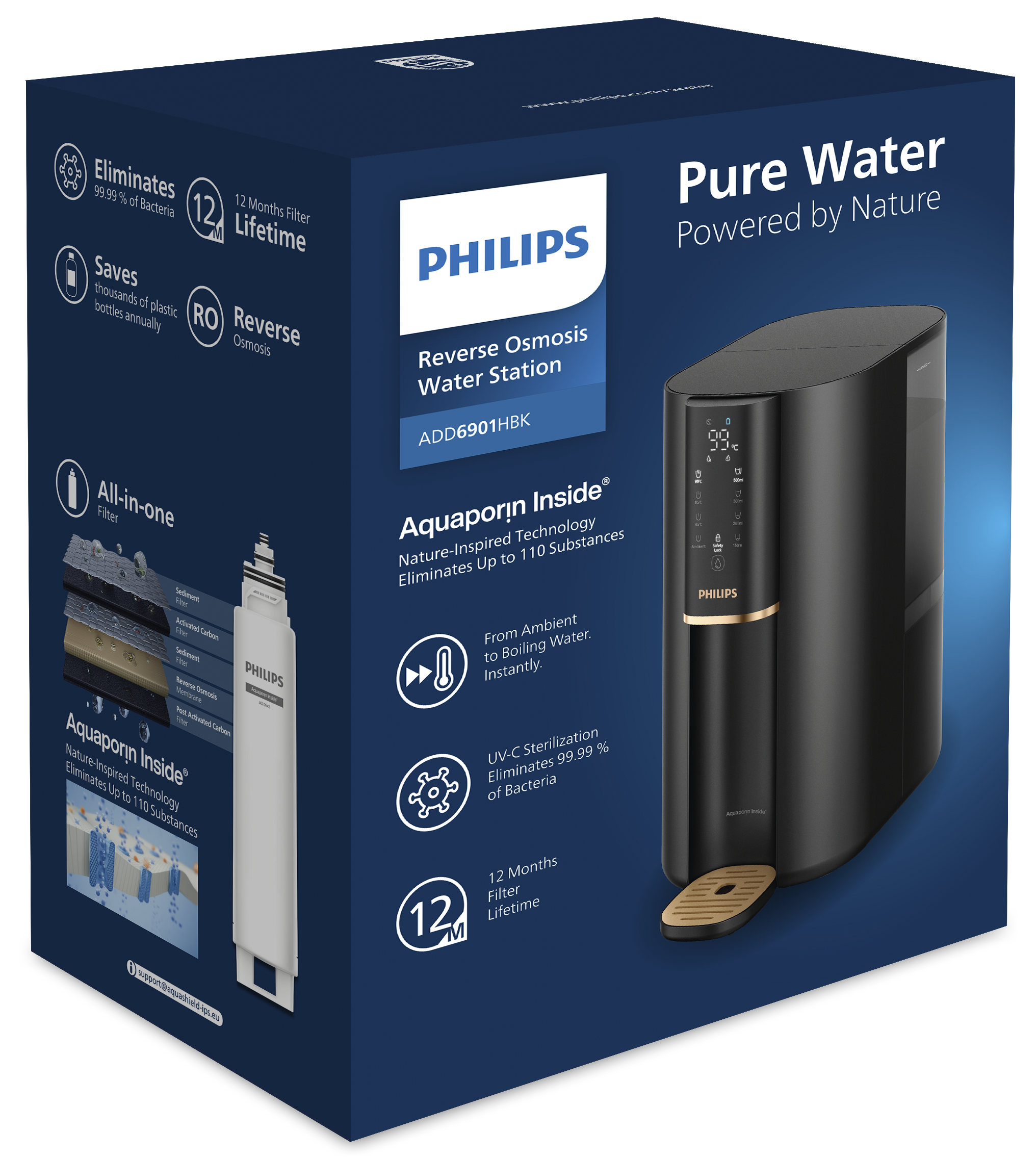 Stacja wody Philips, czarno-złota, pokazująca elementy filtra i kluczowe cechy: eliminuje bakterie, oszczędza butelki i wykorzystuje odwróconą osmozę.