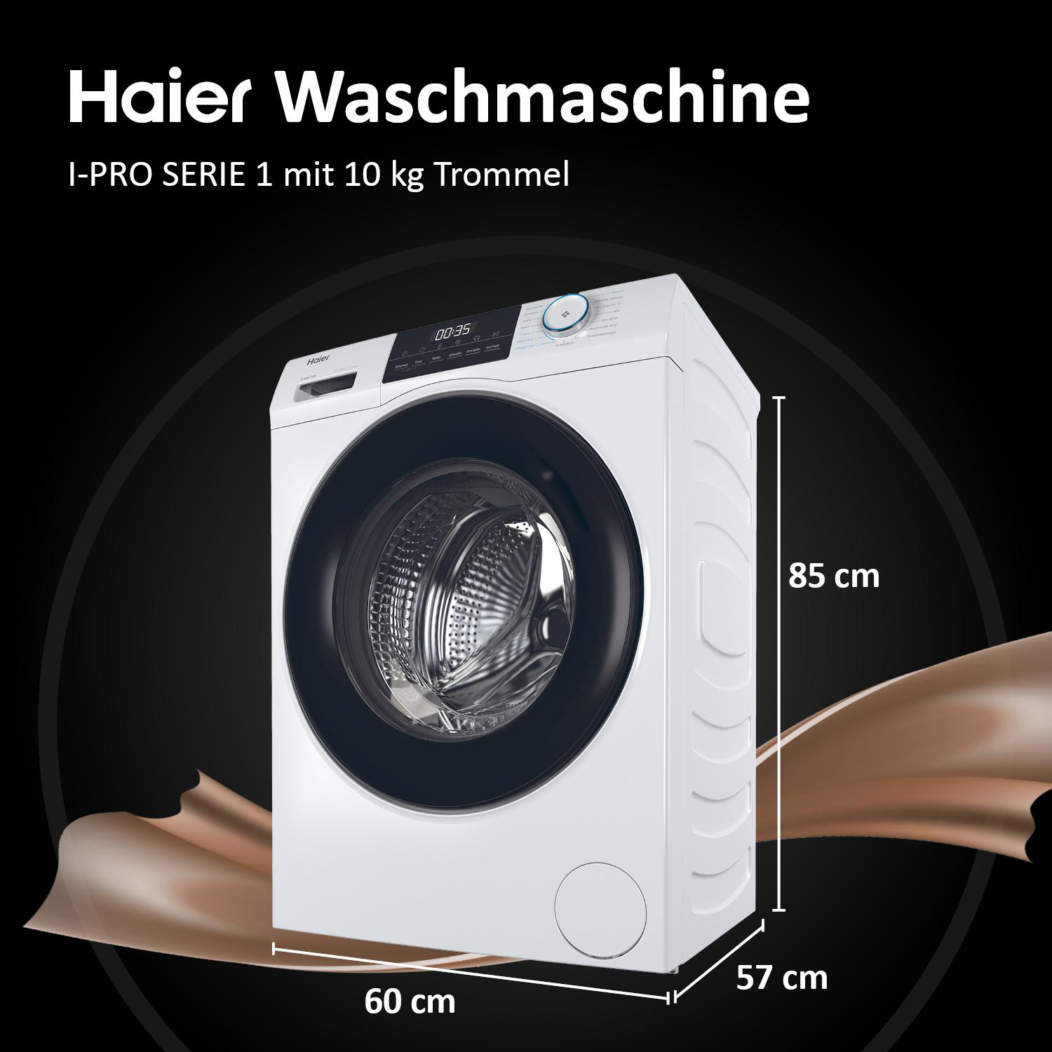 Weiße Waschmaschine mit schwarzen Details. Haier Branding. Schwarzer Hintergrund mit Text.