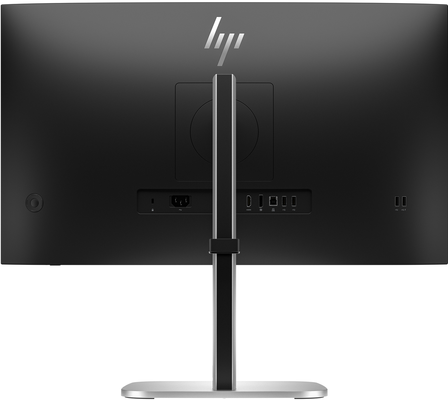 Vista trasera de un monitor de ordenador negro, mostrando puertos y detalles del soporte.