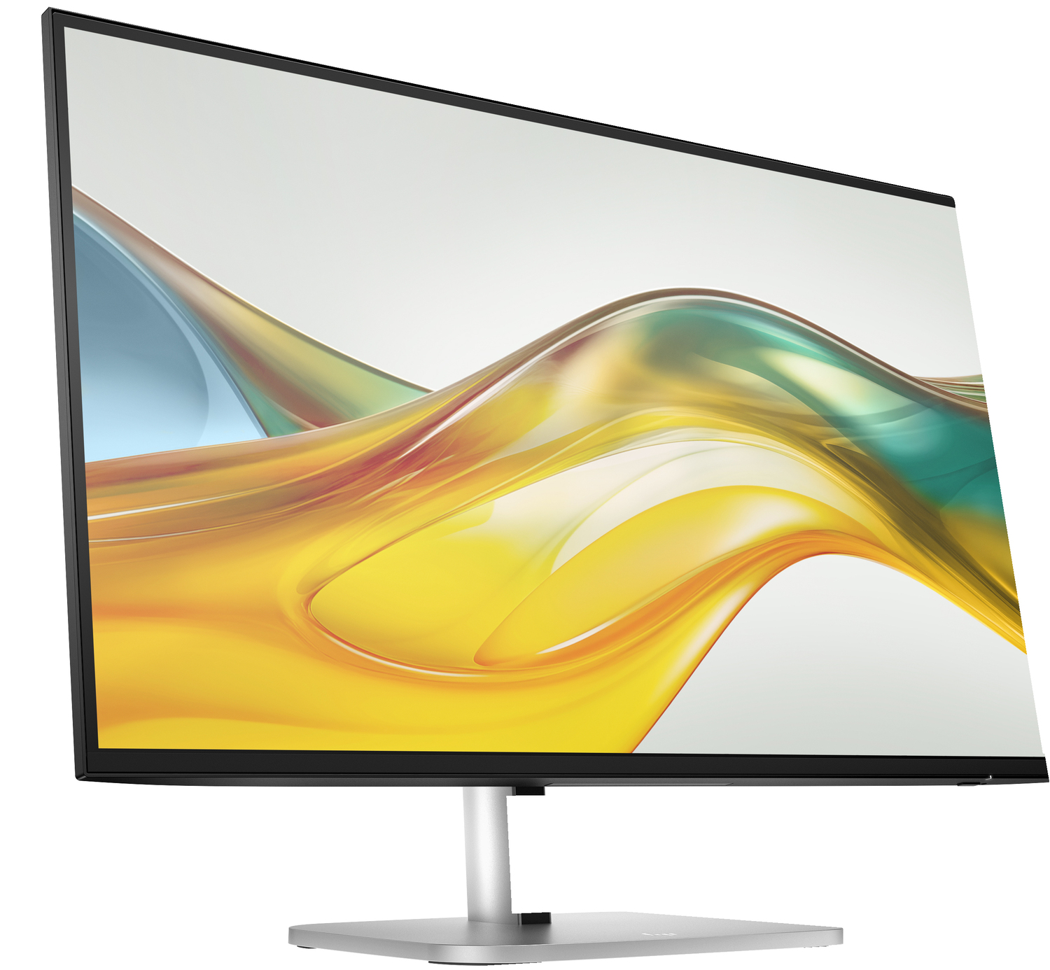 Monitor de ordenador en ángulo, marco negro, pantalla abstracta colorida, soporte plateado.