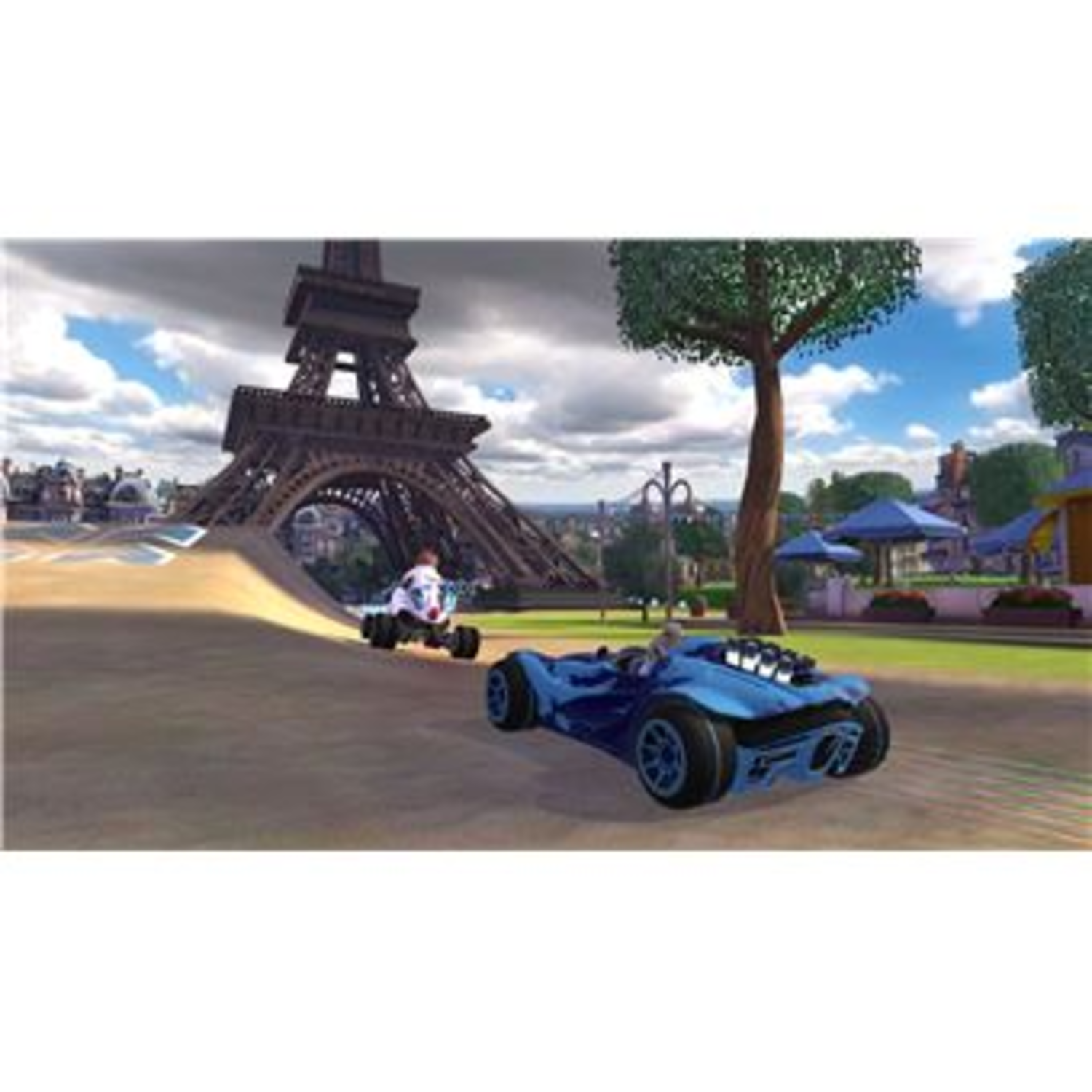 Een racescène met een cartoonauto op een baan bij de Eiffeltoren.
