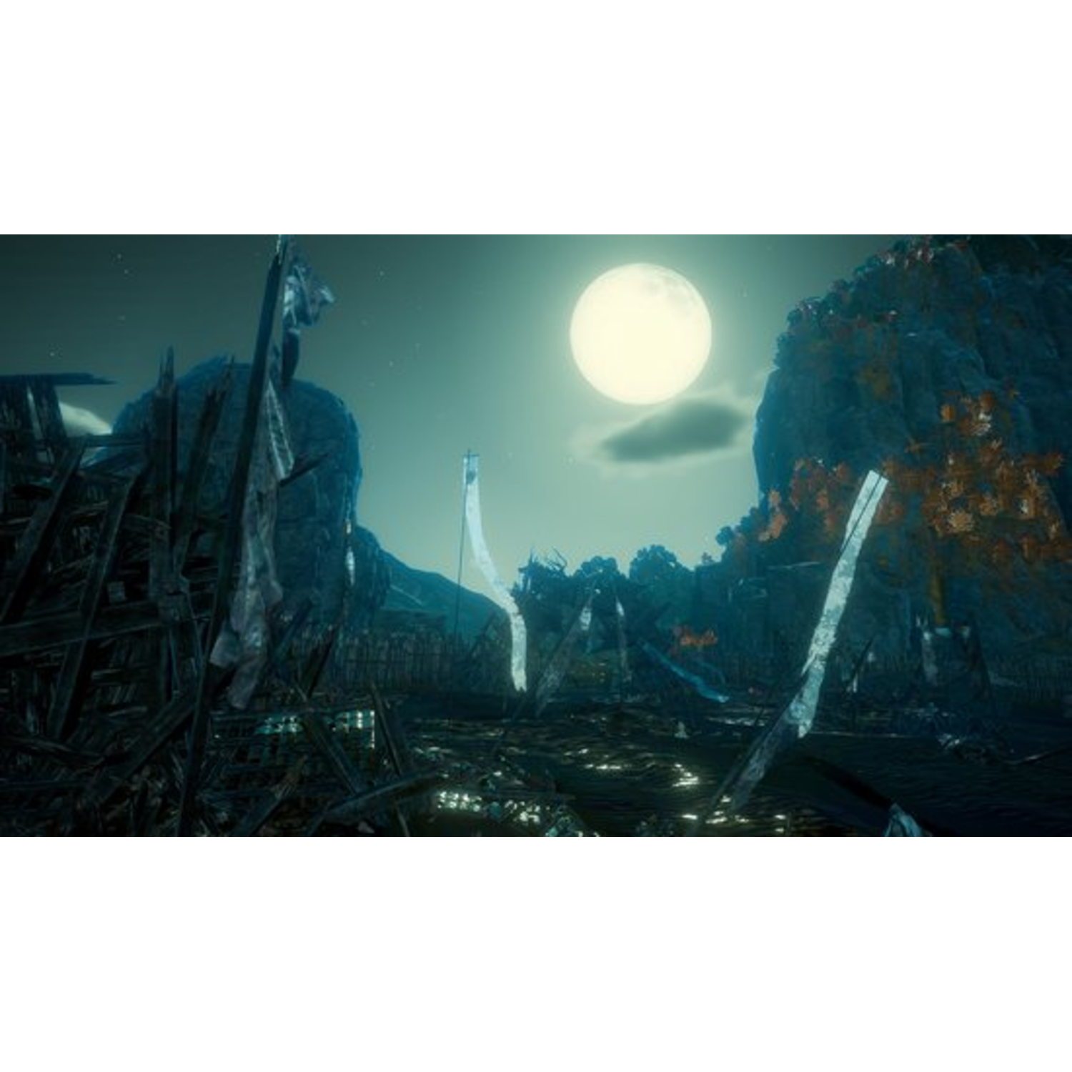 Une scène de nuit avec une pleine lune, avec des structures en bois et une montagne en arrière-plan.