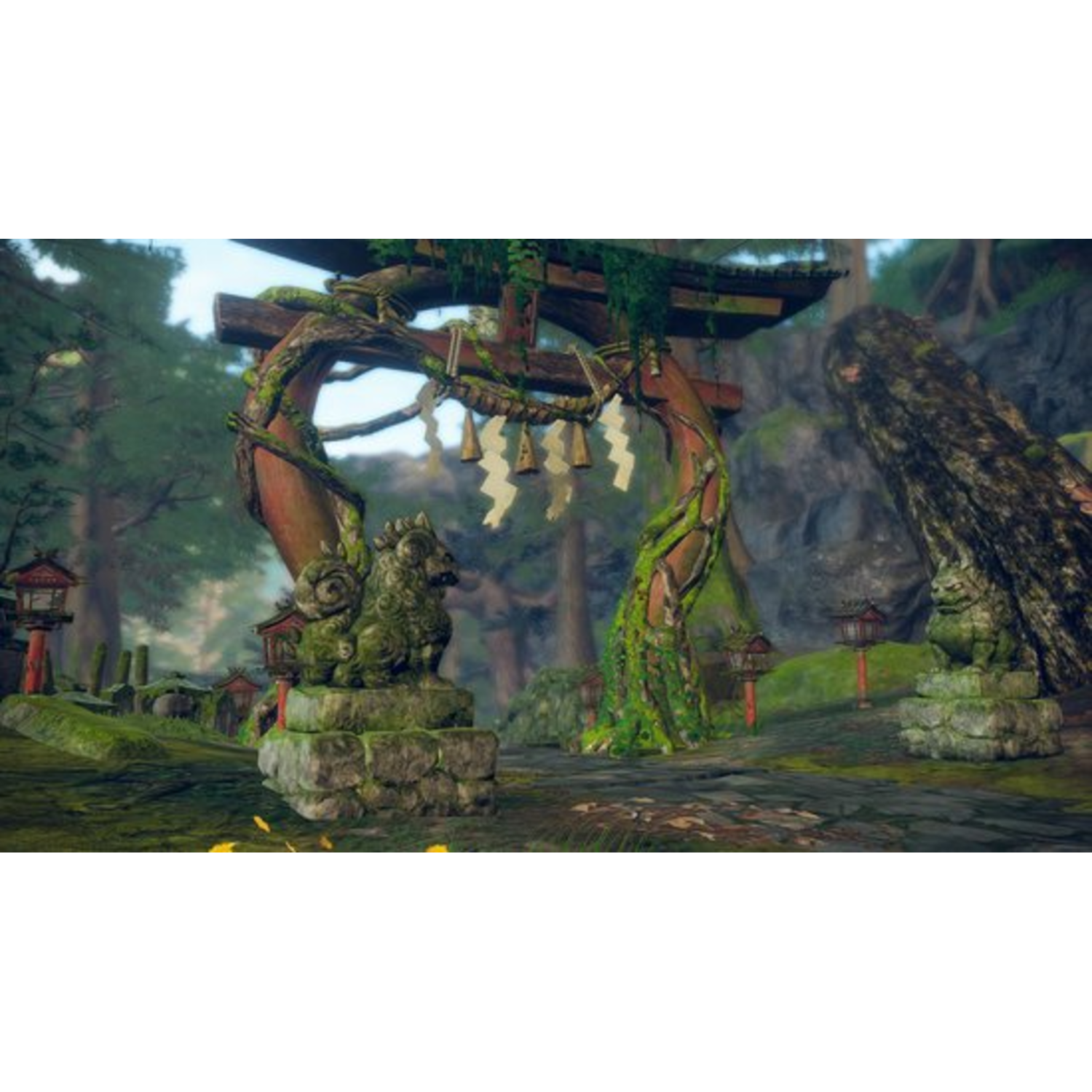 Une porte japonaise dans une forêt. Deux statues de pierre sont de chaque côté de la porte.