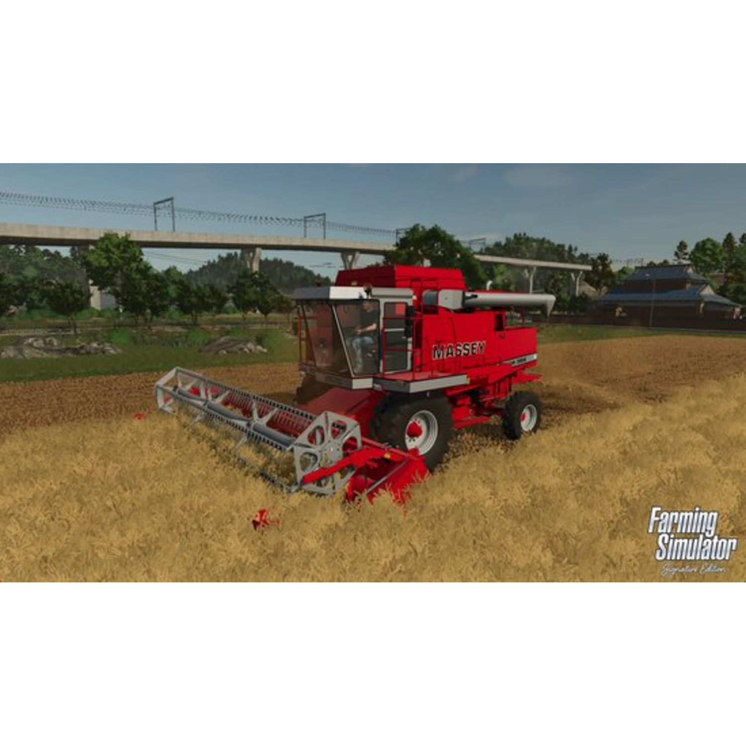Een combine werkt in een veld met gouden tarwe. De game is Farming Simulator.