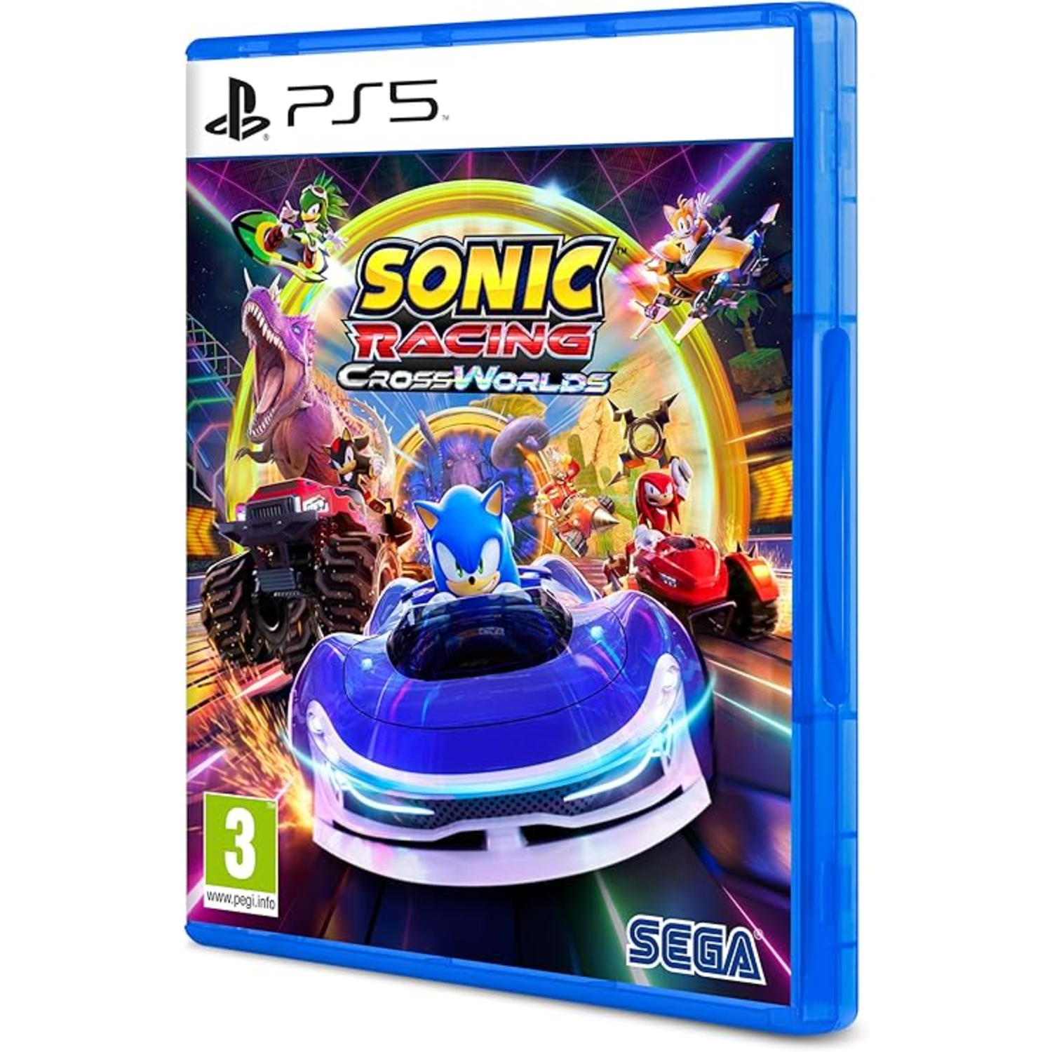 PS5 game box: Sonic Racing CrossWorlds. Sonic in blue car, other characters racing, colorful background.